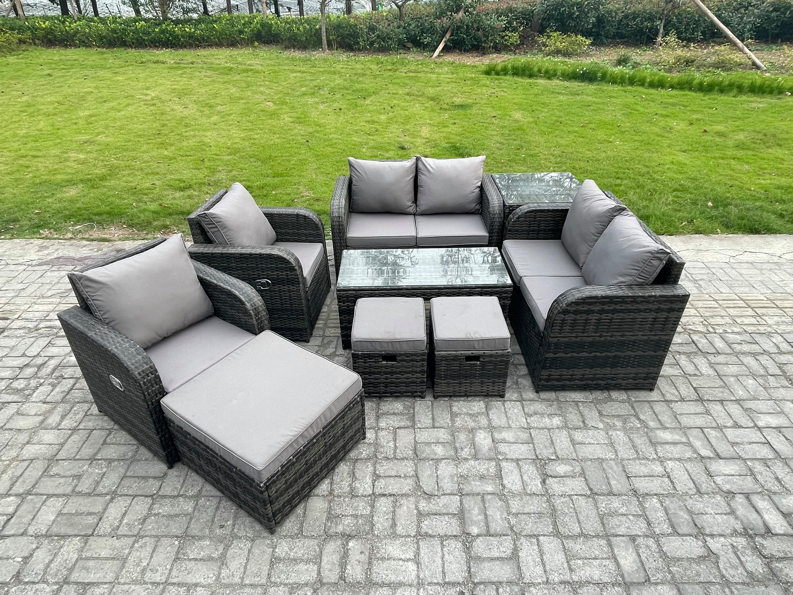 GARTENSOFA SET mit LIEGESTUHL Polyrattan 9-Sitzer Dunkelgrau - Dunkelgrau/Grau, Glas/Kunststoff - Fimous