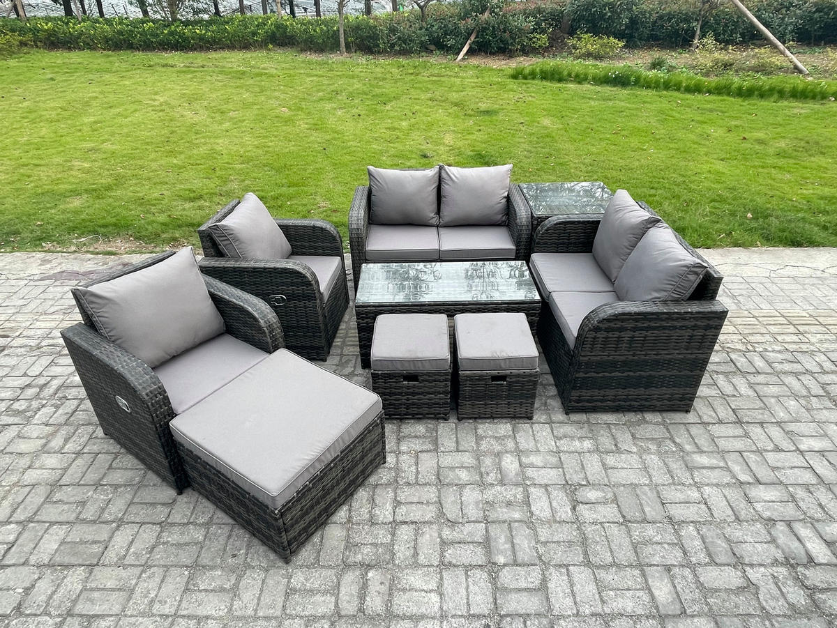 GARTENSOFA SET mit LIEGESTUHL Polyrattan 9-Sitzer Dunkelgrau - Dunkelgrau/Grau, Glas/Kunststoff - Fimous