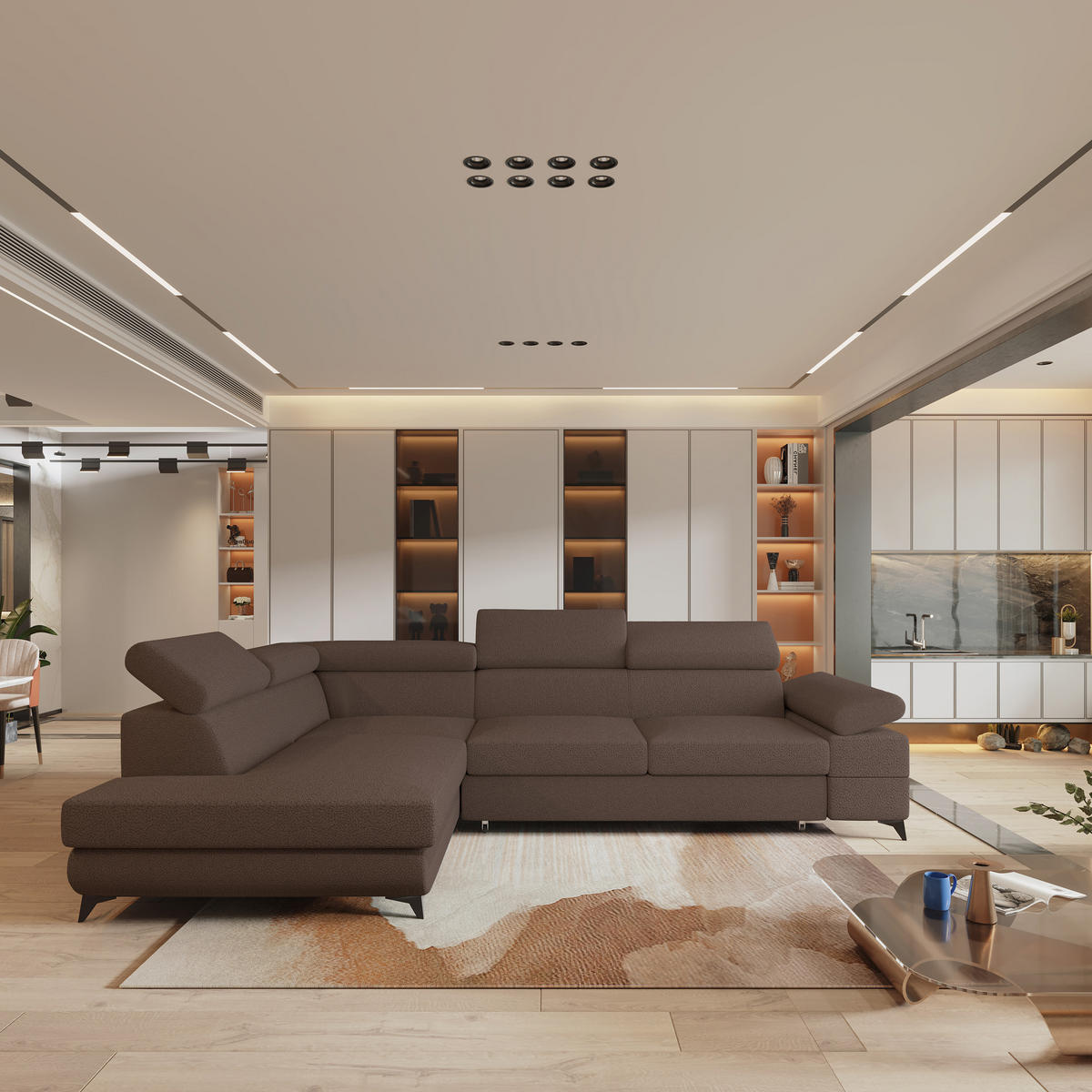 ECKSOFA FAVIEN L-S Braun Boucle-Stoff mit Schlaffunktion - Braun, Holz (257/190cm) - MASSENO