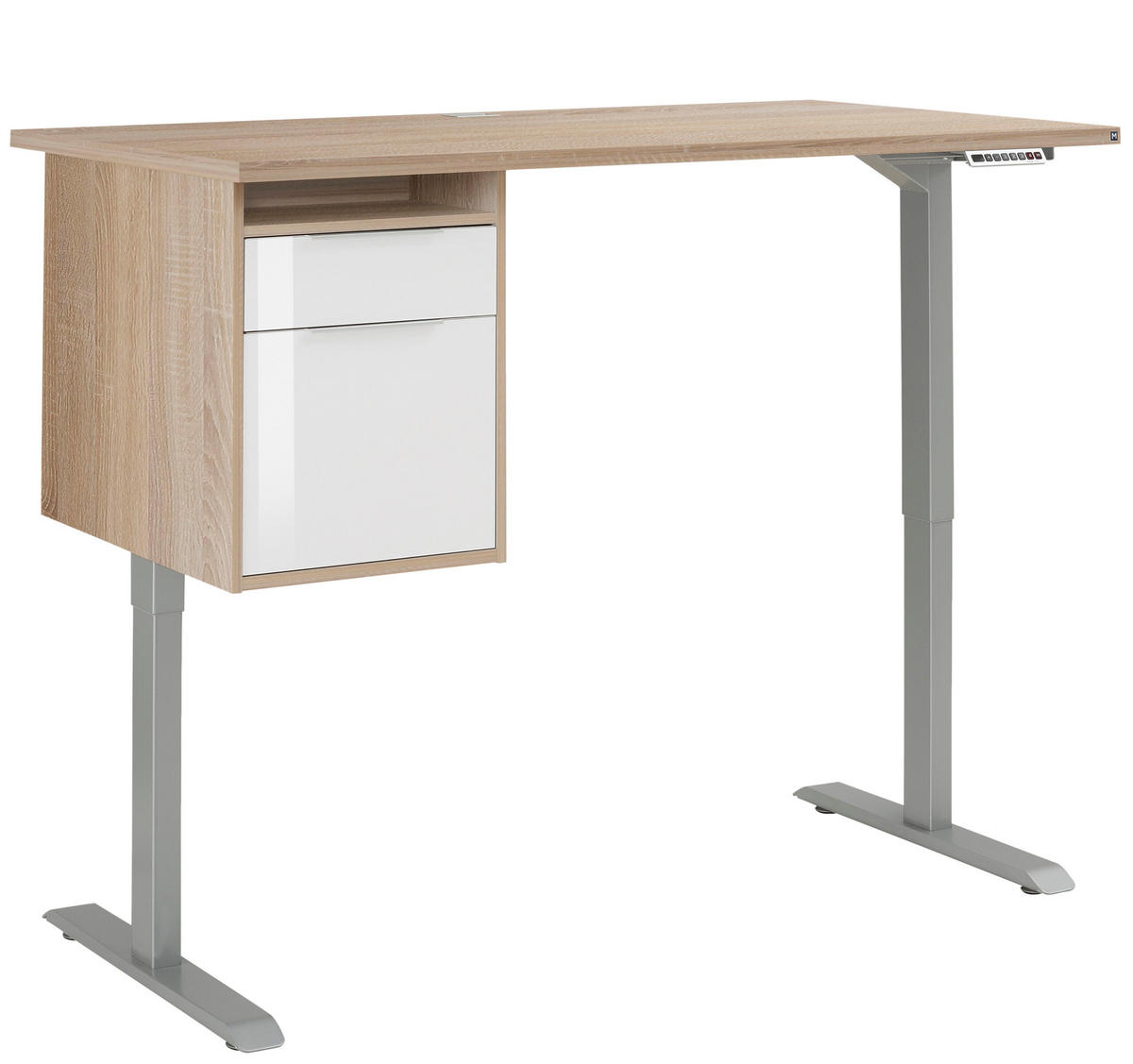 SCHREIBTISCH mit Hängecontainer Platingrau, Eiche Sonoma und Weiß 150x80cm, elektrisch höhenverstellbar – von MAJA Möbel – Container links - Grau, Holzwerkstoff (80/150/70.5cm)
