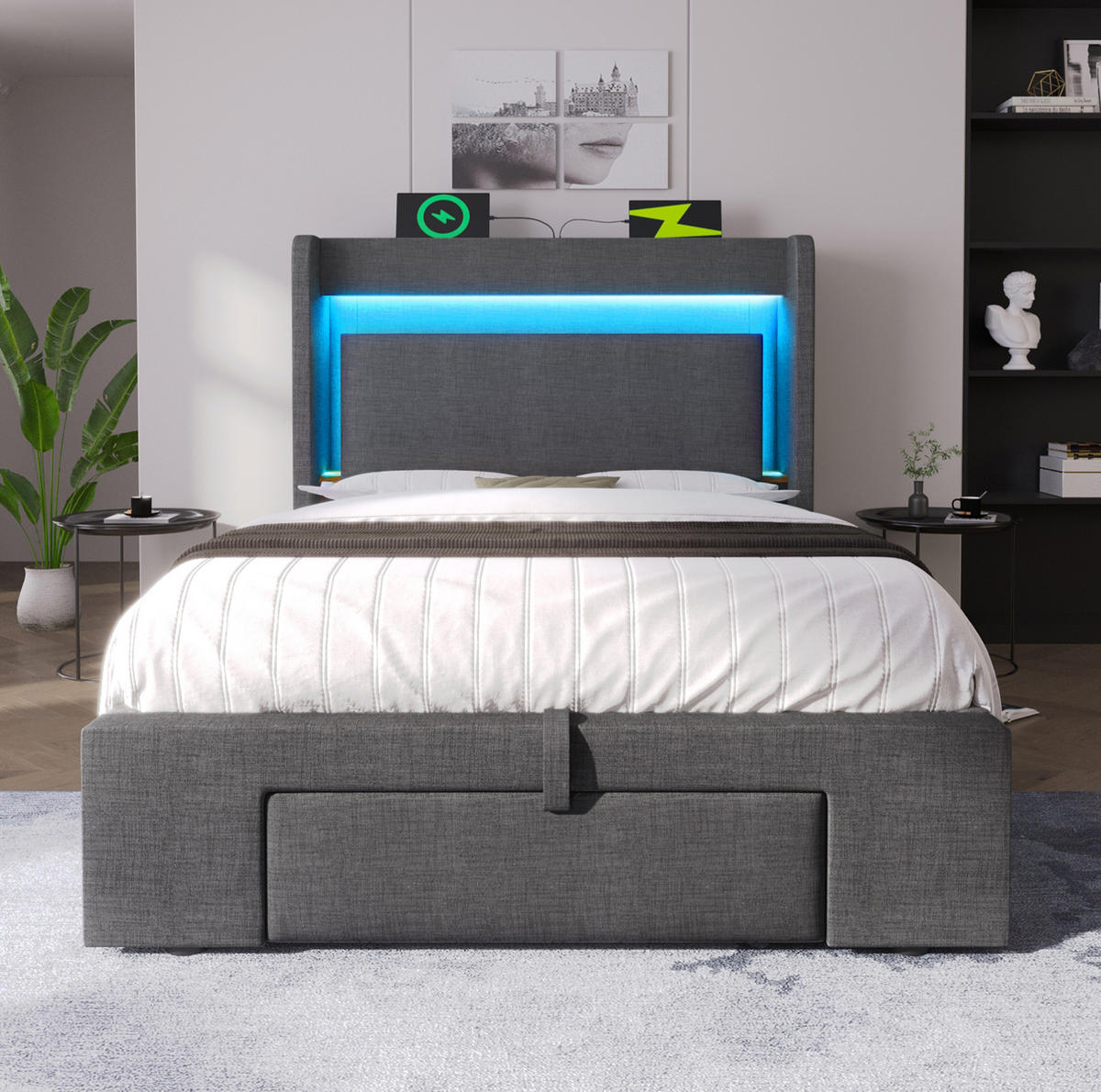 POLSTERBETT mit Stauraum, LED und USB 90x200 cm Leinen Gray mit Matratze - Grau, Metall (90/200cm) - Meubliv