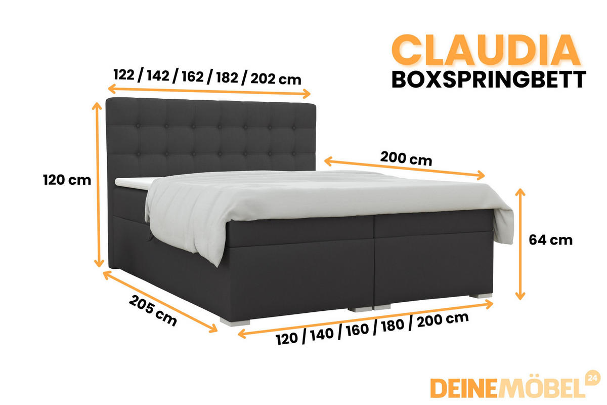 BOXBETT CLAUDIA 140/200 Velour Anthrazit mit Bonell-Federkernmatratzen H3 - Chromfarben/Anthrazit, Holzwerkstoff/Kunststoff (140/200cm) - Deine Möbel 24