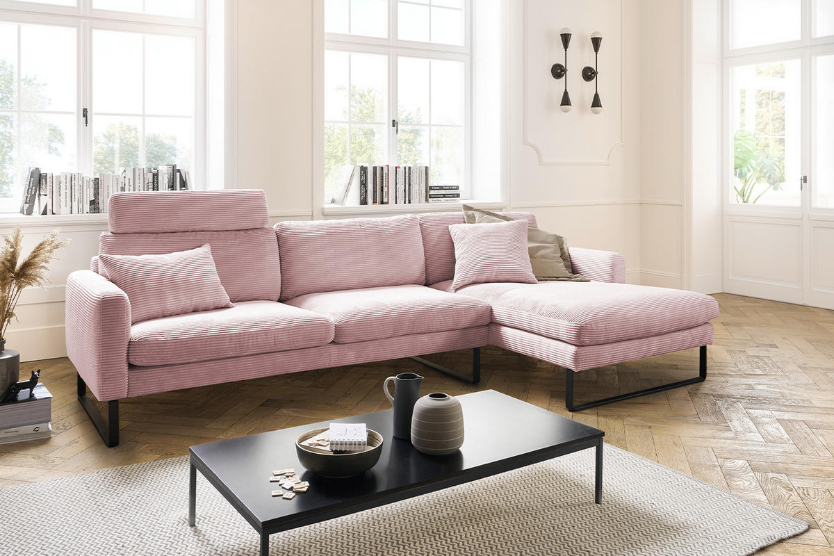 ECKSOFA RICARDA Pink Cord - Pink/Schwarz, Textil/Metall (298/154cm) - KAWOLA