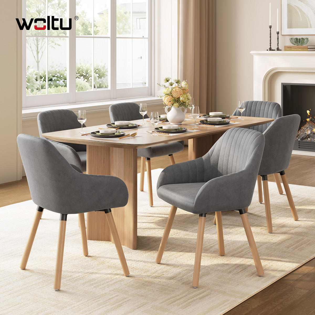 ESSZIMMERSTUHL 6er-Set, Samt, Massivholz, Dunkelgrau - Dunkelgrau/Naturfarben, Holz/Textil (42/81/50cm) - Woltu