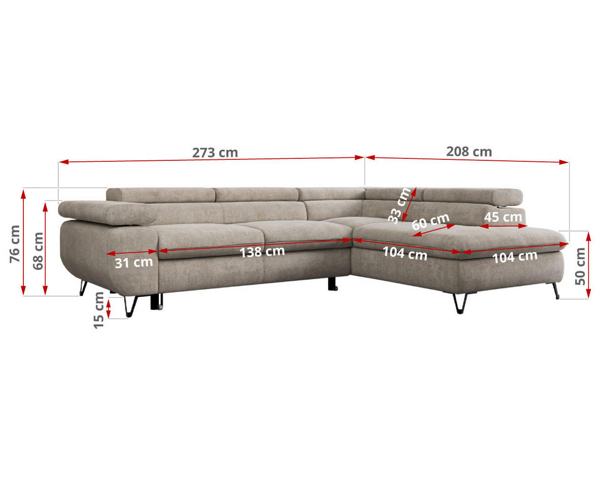 ECKSOFA PEDRO L Beige Struktur - Links Seite - Beige/Schwarz, Textil/Metall (208/273cm) - MKS
