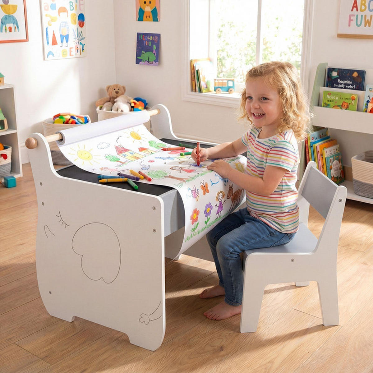 KINDERTISCH mit Stuhl grau(2-tlg) - Grau, Holzwerkstoff (61.5/59/47cm) - COSTWAY