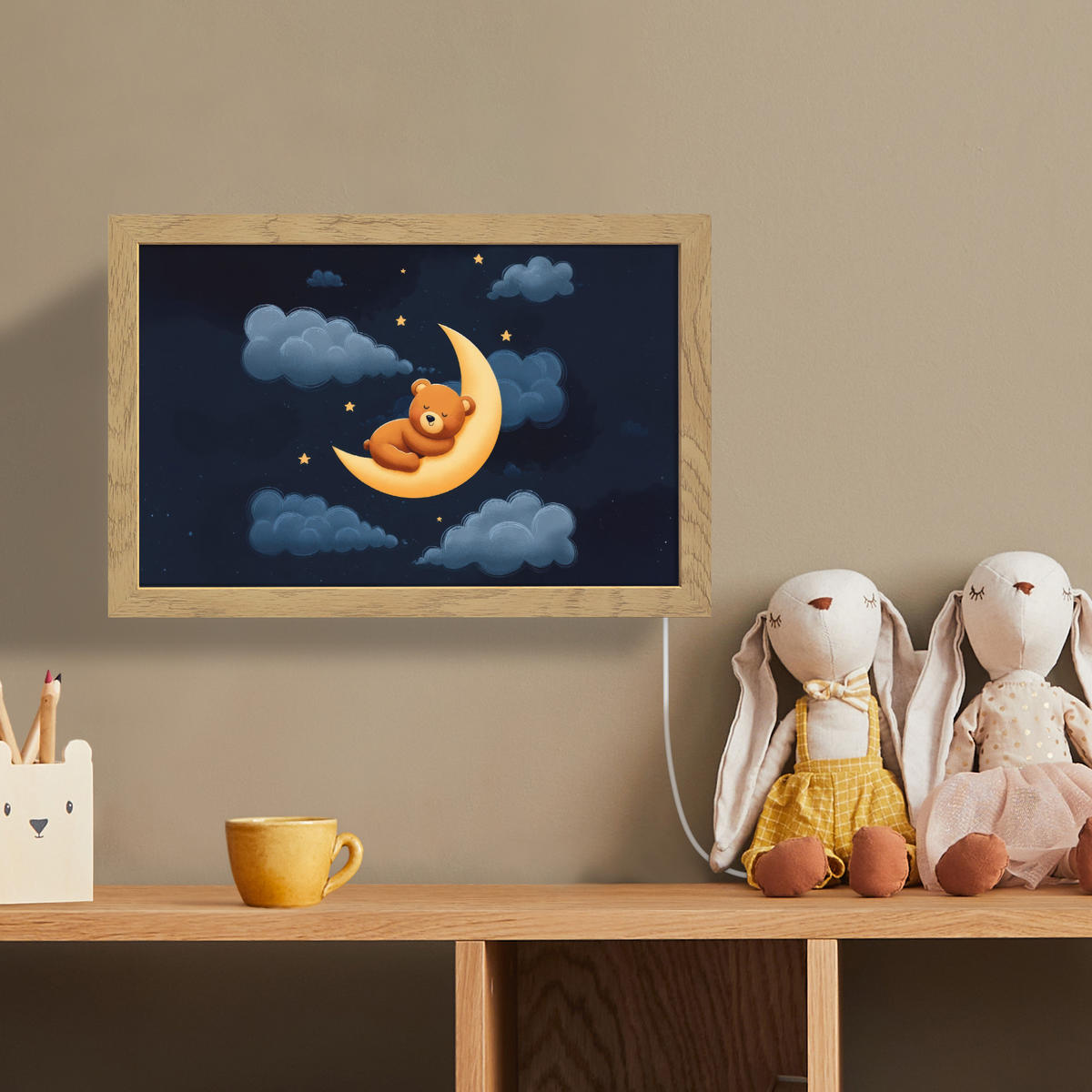 NÁSTĚNNÁ LAMPA Medvídek - Měsíc - Mraky - Hvězdy 30x20 cm - tmavě modrá, kompozitní dřevo (30/20/8cm) - OnlyWow