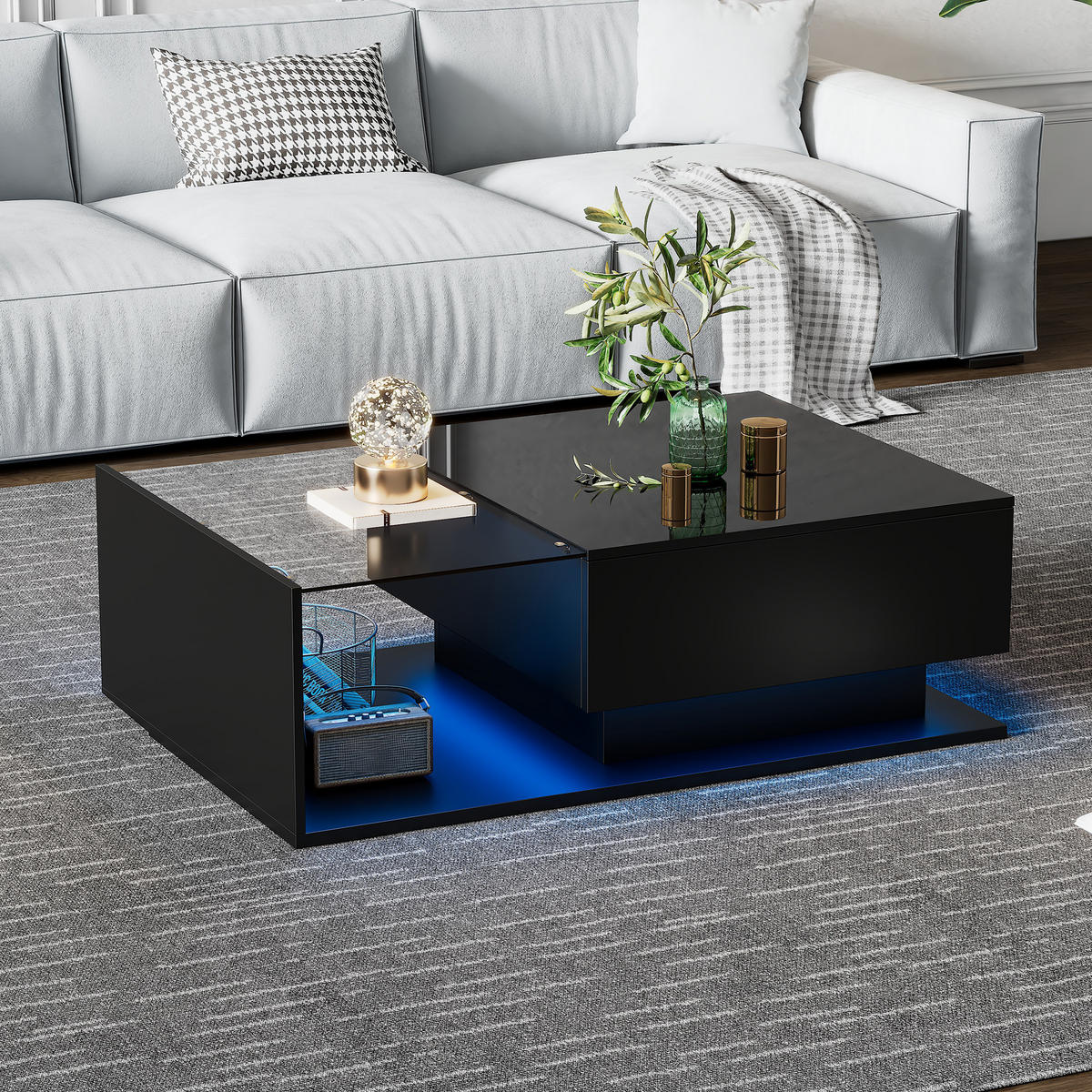 COUCHTISCH 100/50/32 cm schwarz mit Glasplatte und LED-Beleuchtung - Schwarz, Holzwerkstoff (100/50/32cm) - OKWISH