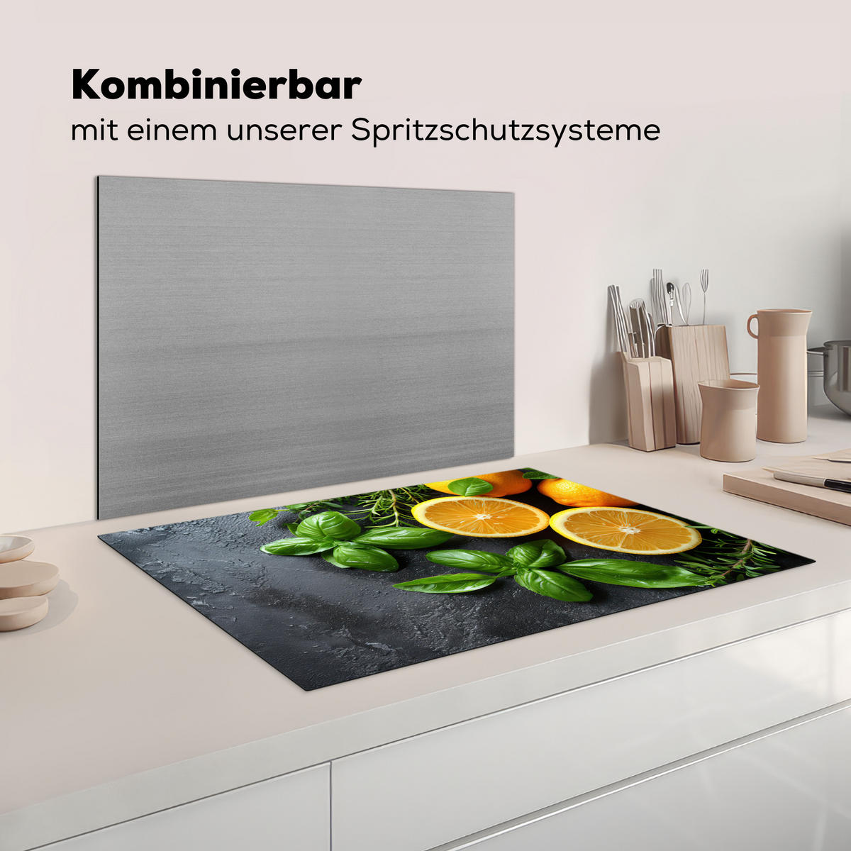 HERDABDECKPLATTE Obst - Grau - Konkret - Orange - Pflanzen Ceranfeldabdeckung 80x52 cm - Anthrazit, Kunststoff (80/52/0.2cm) - MuchoWow