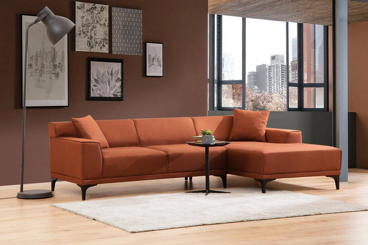ECKSOFA modern inklusive Zierkissen - Schwarz/Orange, Holz/Kunststoff (145/250cm) - myHomelando