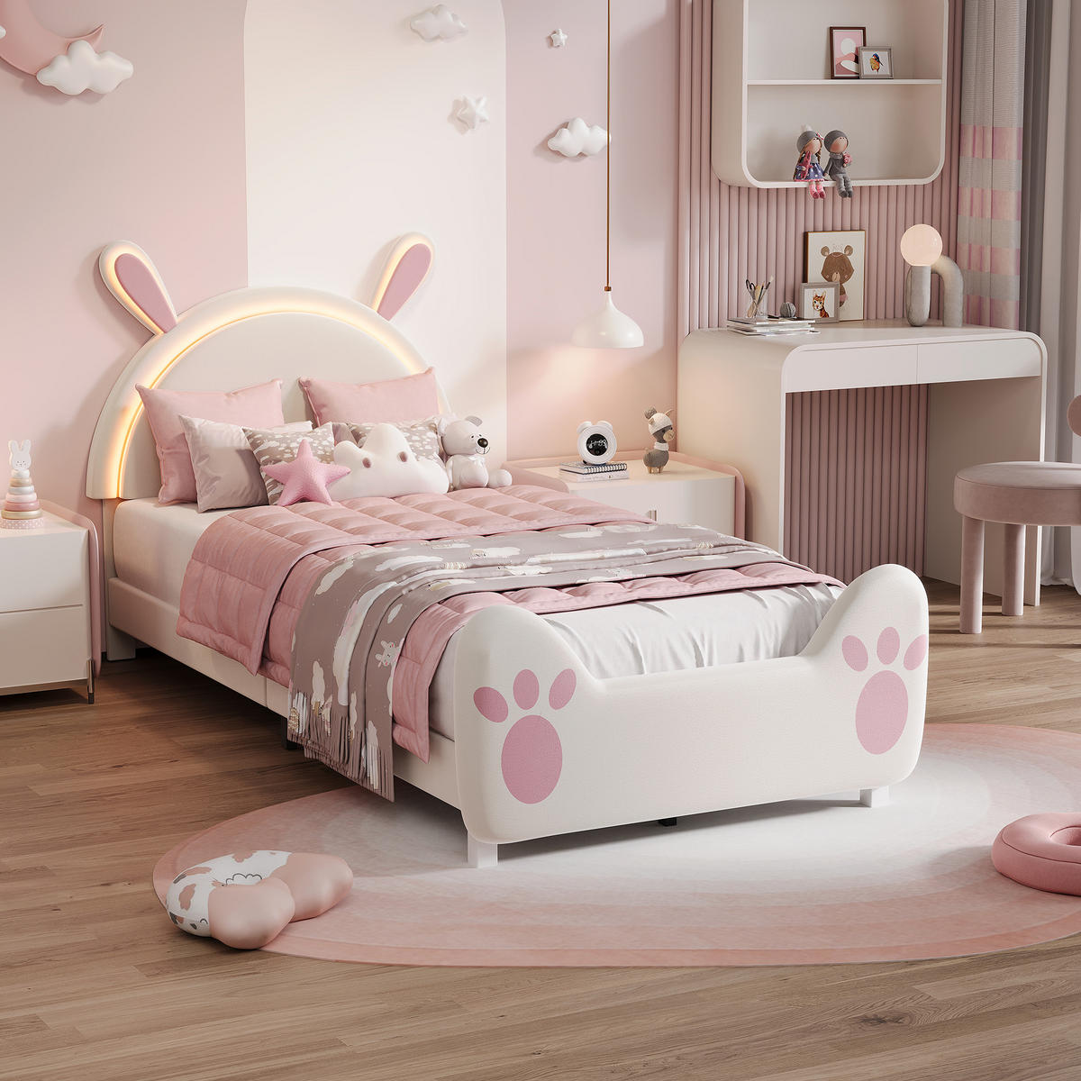 KINDERBETT 90x200 cm mit Hasen-Design, Ambiente-LED, Lattenrost, einfacher Montage, Weiß - Weiß, Holz (90/200cm) - BRILVERDE