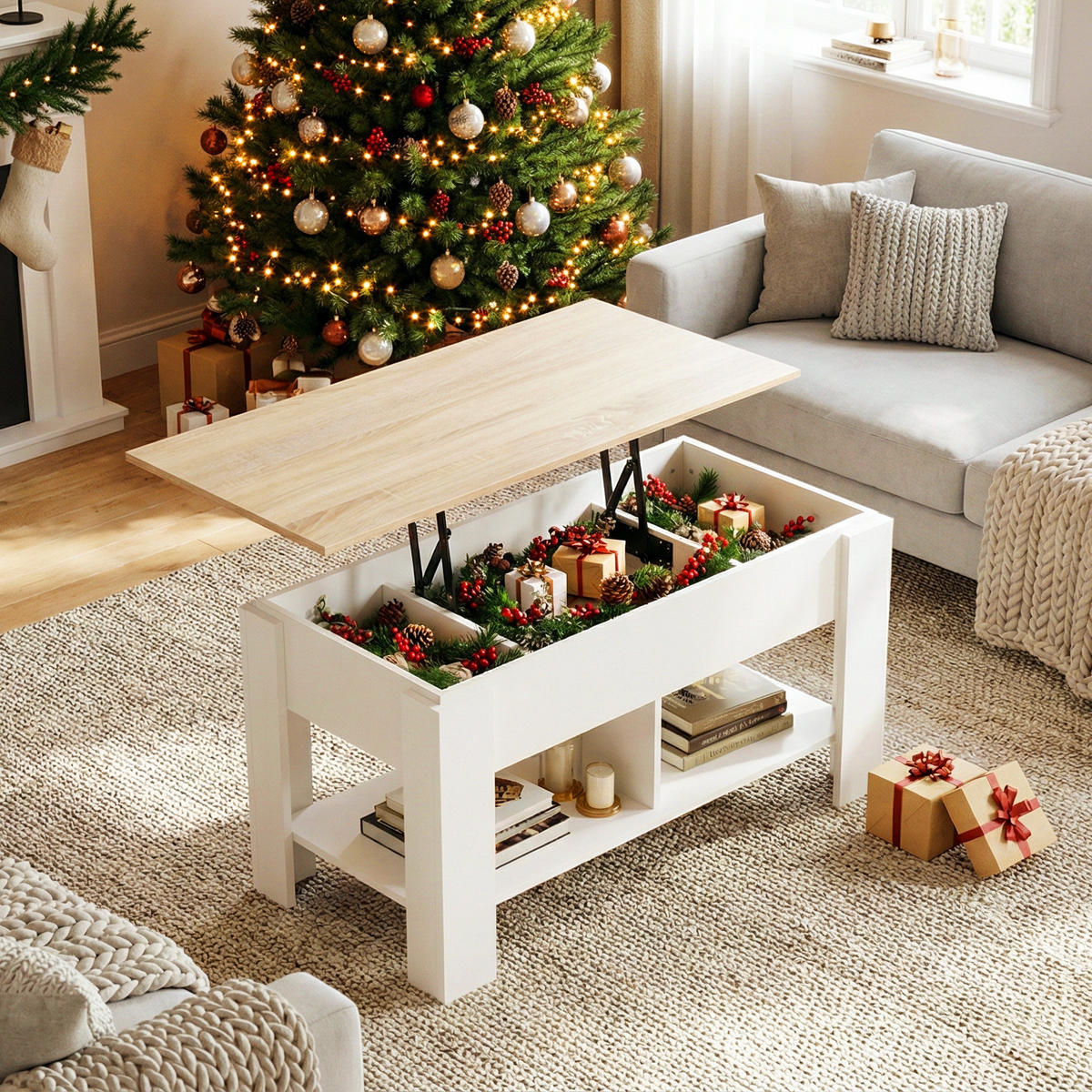 COUCHTISCH mit Lift-Top, Stauraum und Ablagefach, Weiß/Eiche - Weiß, Holz (96/50/47cm) - Urban Meuble