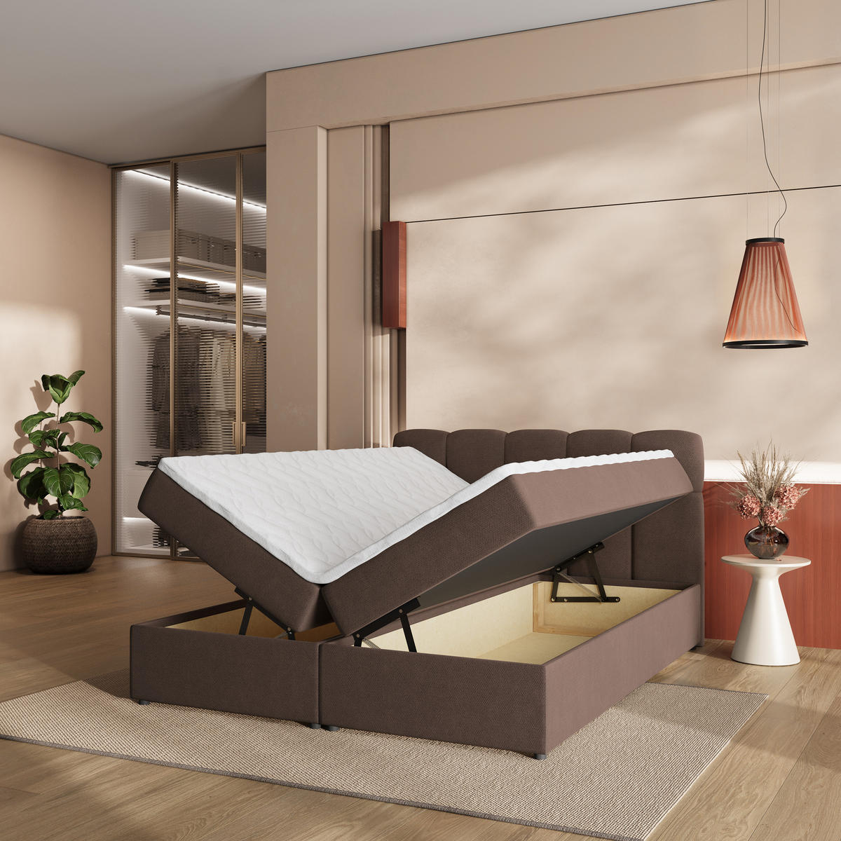 BOXBETT MERU 180x200 cm mit Matratze und Topper - Braun - Braun, Holz (180/200cm) - MASSENO