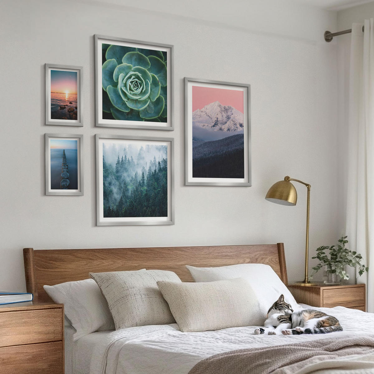 BILDER SET 5er Set - 50x50 cm & 20x30 cm & 40x60 cm Silberner Rahmen - Wasserfälle, Berge, Landschaften, Natur - Silberfarben, Kunststoff (40/60cm) - TULUP