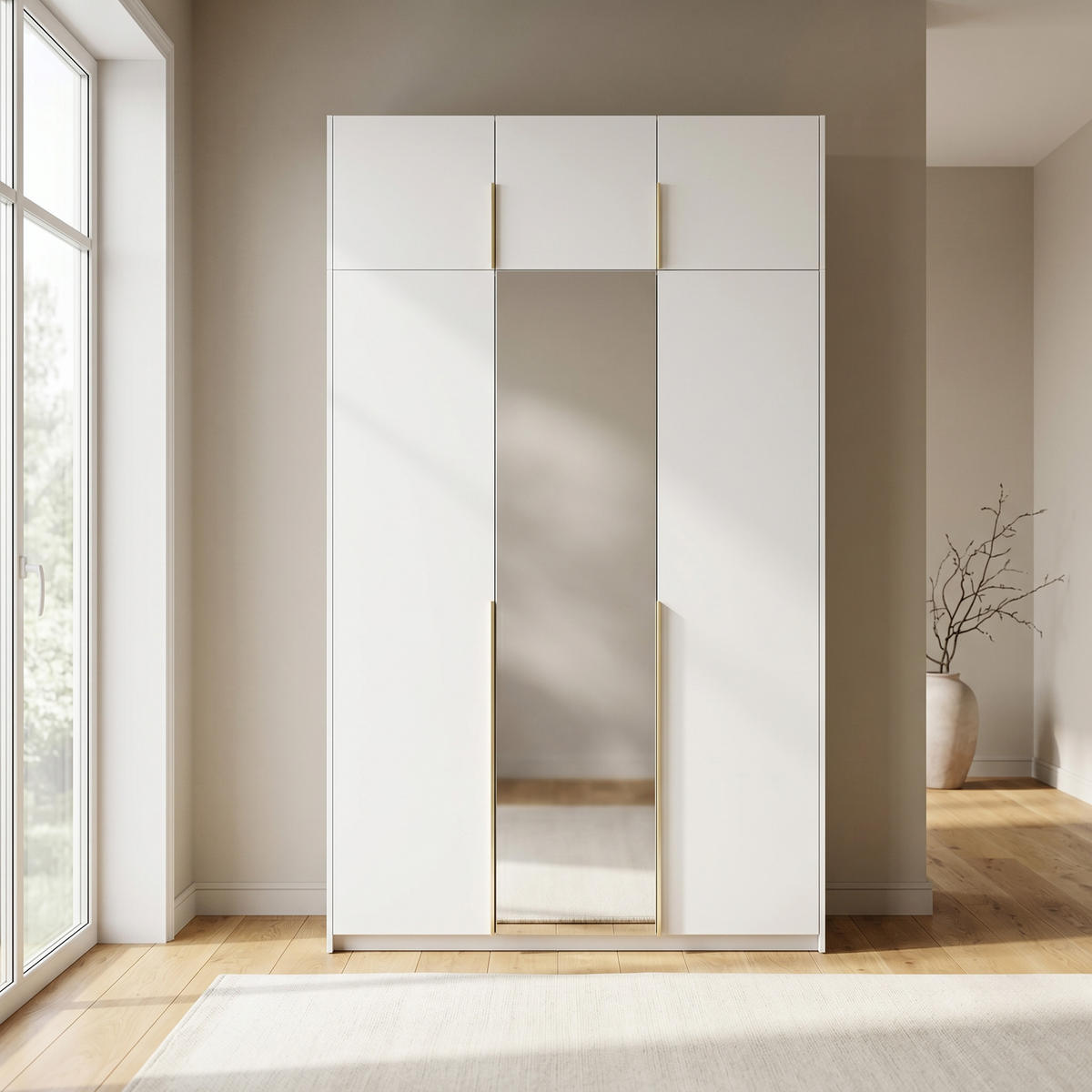 DREHTÜRENSCHRANK THALIA 148/250/58cm 3-türig mit Spiegel Weiß - Weiß, Holzwerkstoff (148/250/58cm) - MASSENO