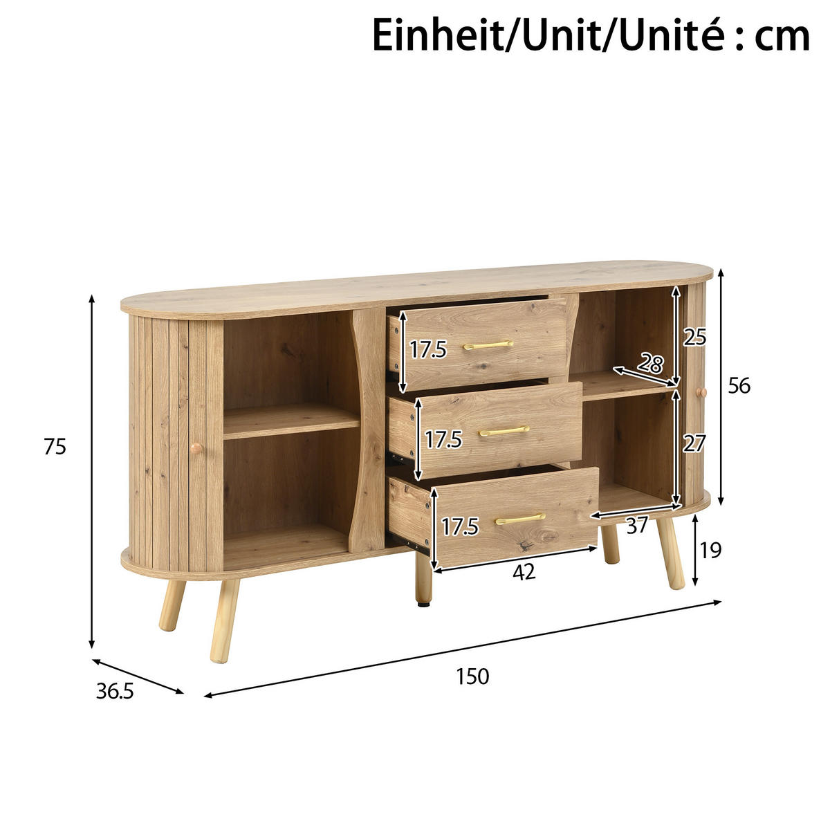KOMODA, videz lesa, v obliki graha, z 2 drsnimi vrati in 3 predali - naravne barve, leseni material (150/75/36.5cm) - Urban Meuble