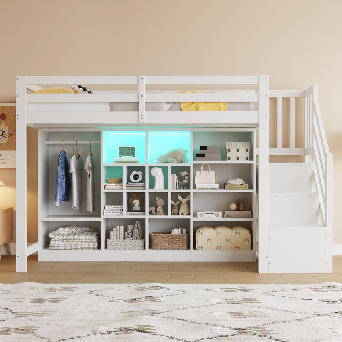 HOCHBETT 90/200 cm DE-01520, in Weiß, mit Stauraumschränken, Kleiderschrank und LED-Beleuchtung - Weiß, Holz (90/200cm) - ComfortXL