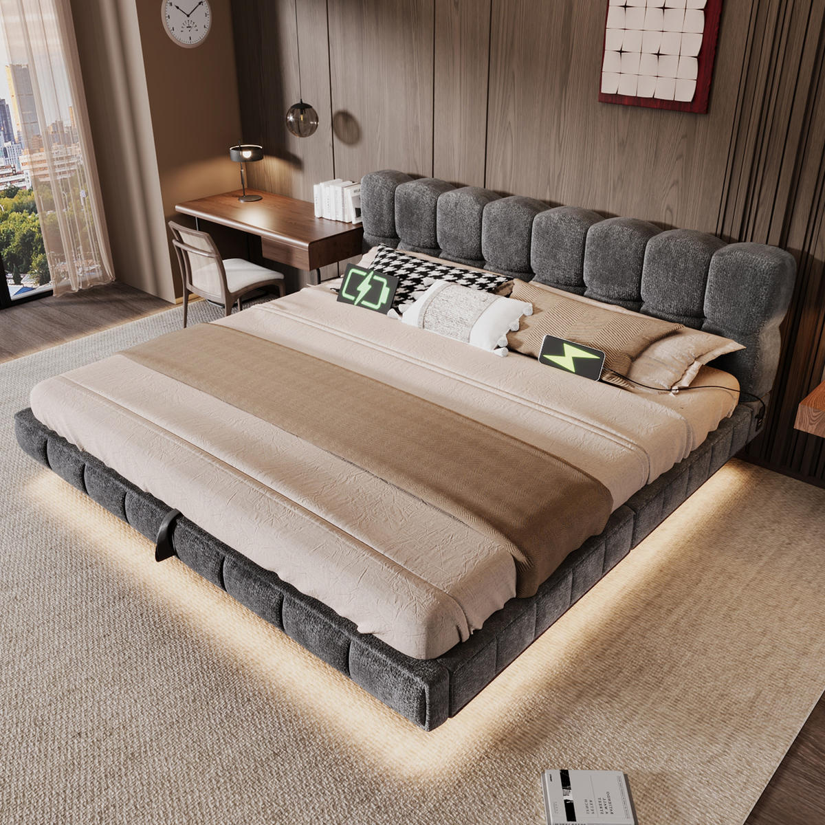 POLSTERBETT 160/200 mit Bettkasten, LED und USB-/Typ-C-Ladestation im Bubble-Design in Grau - Grau, Holzwerkstoff/Textil (160/200cm) - EVRYAE