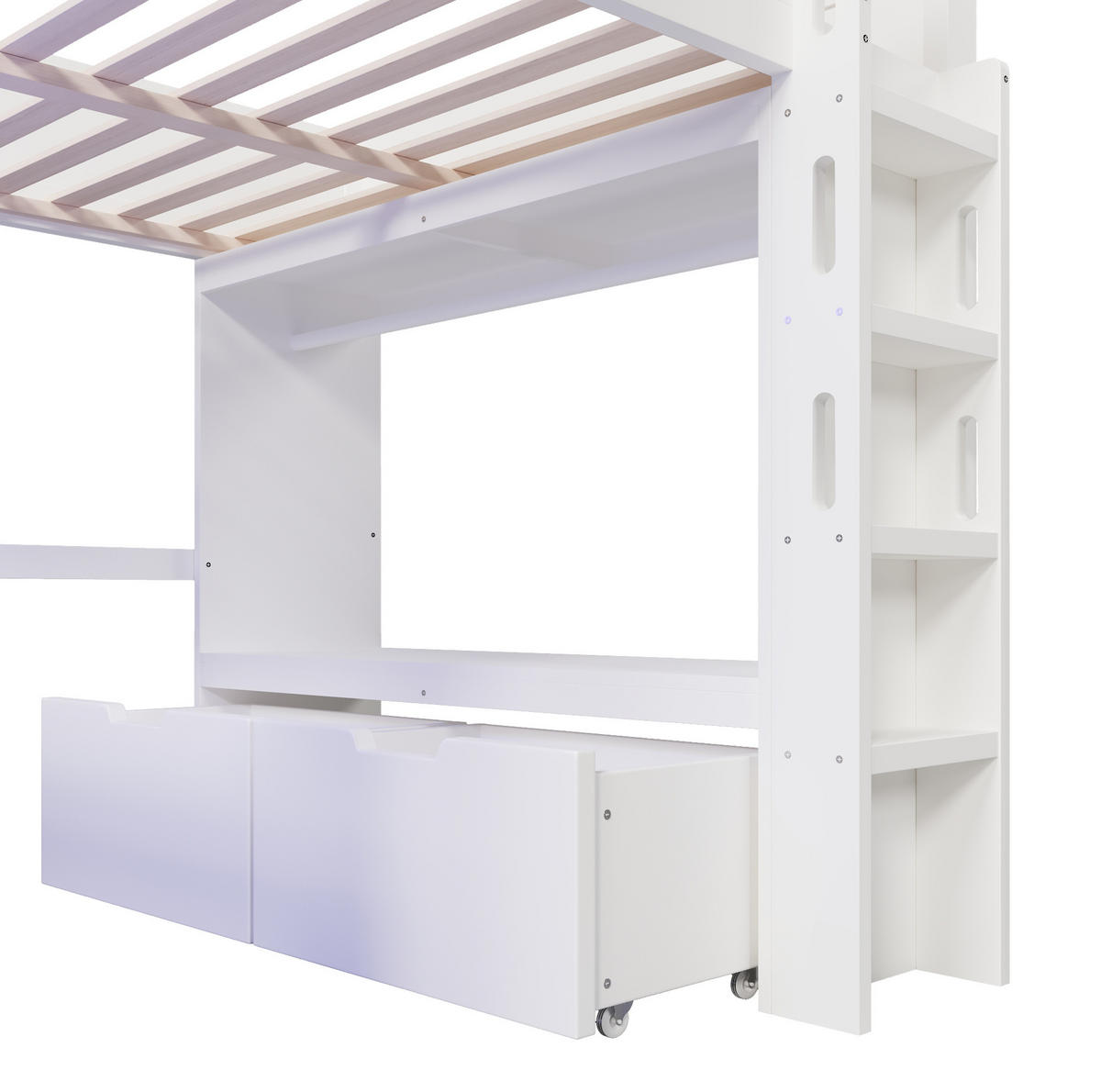 HOCHBETT 140/200 cm mit Schreibtisch und LED-Beleuchtung in Weiß mit Matratze - Weiß, Holzwerkstoff (140/200cm) - OKWISH