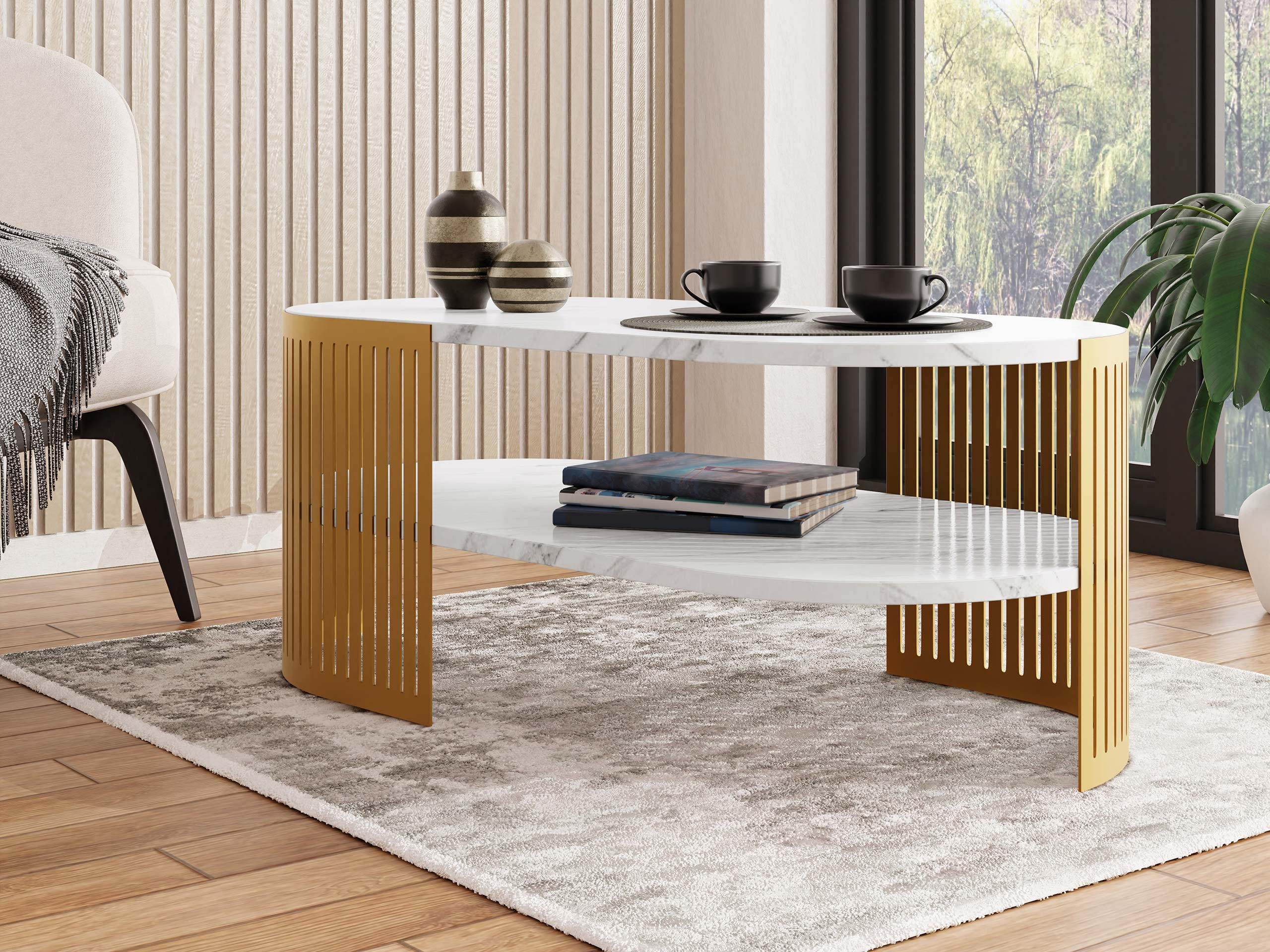COUCHSITCH Fikoli Oval Gold II - Goldfarben/Weiß, Holzwerkstoff/Metall (100/50/40cm) - MIRJAN24