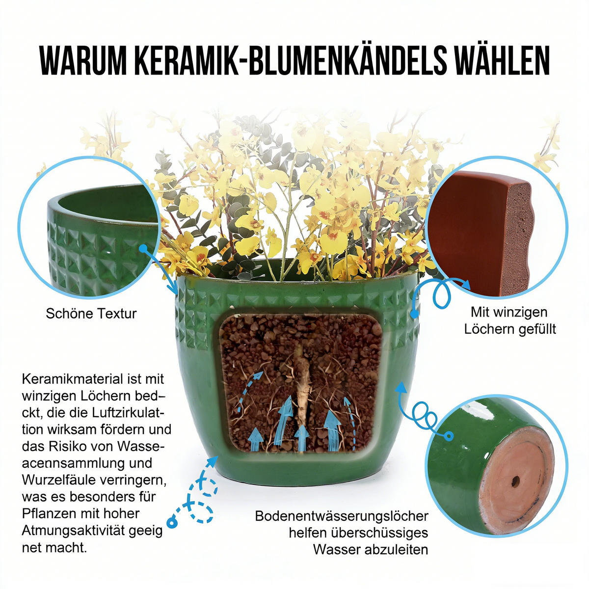 BLUMENTOPF Ø 38,1/30,5/22,9 cm Antik-Hellgrün (3 Stück) - Pastellgrün, Keramik (38/32cm) - Oxeza