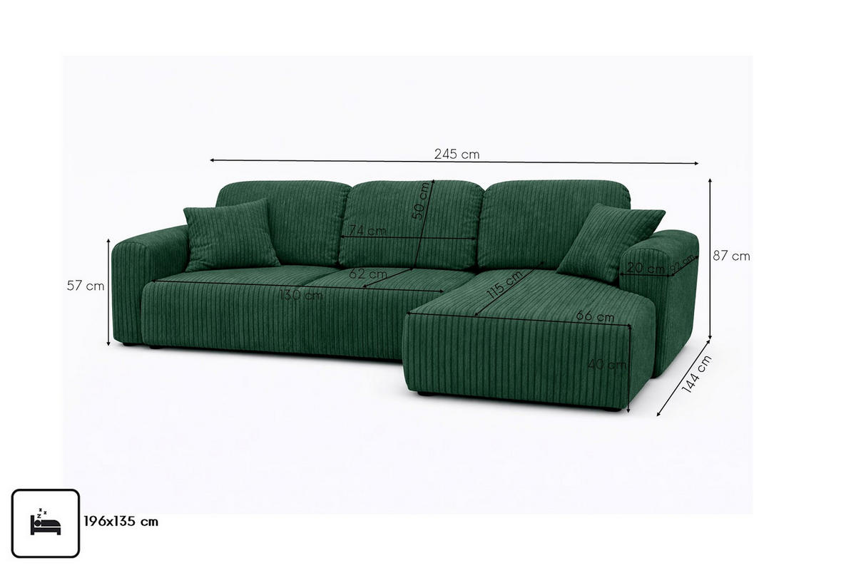ECKSOFA Mit Schlaffunktion Und Bettkasten, Sofa L-Form Bingo L, Cordstoff Poso, Grün, Rechts - Grün, Holz (245/144cm) - Kaiser Möbel
