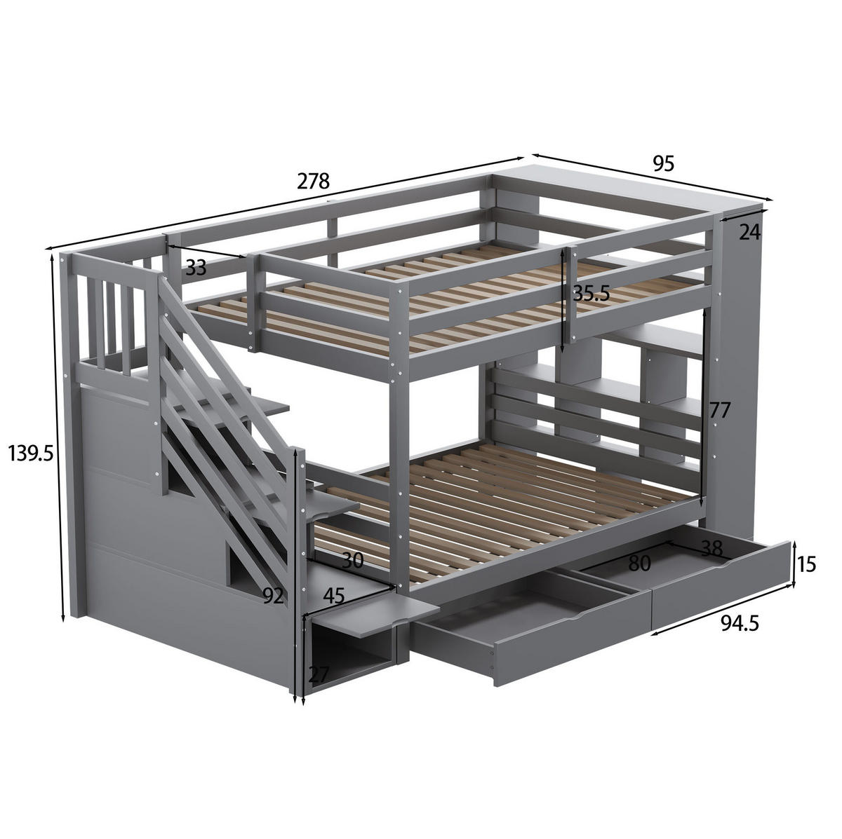 ETAGENBETT 90/200 cm in Grau mit Stauraum und Sicherheitstreppe - Grau, Holz (90/200cm) - OKMYHOME