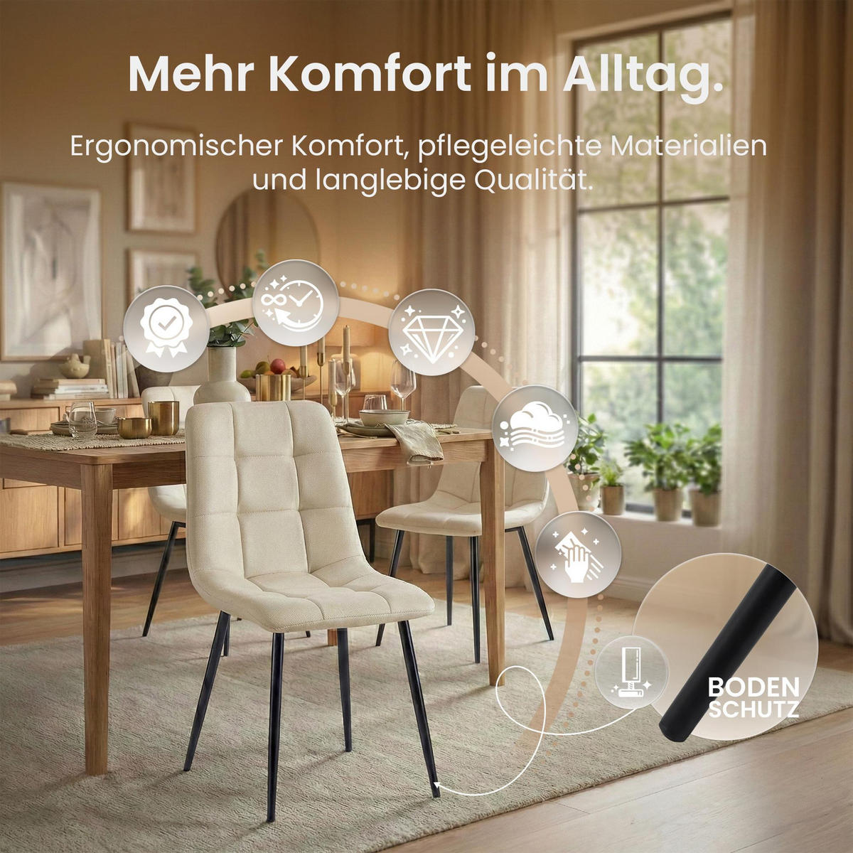 STUHL 4er Set Stoff Creme - Creme/Schwarz, Textil/Metall (45/84/55cm) - CLP