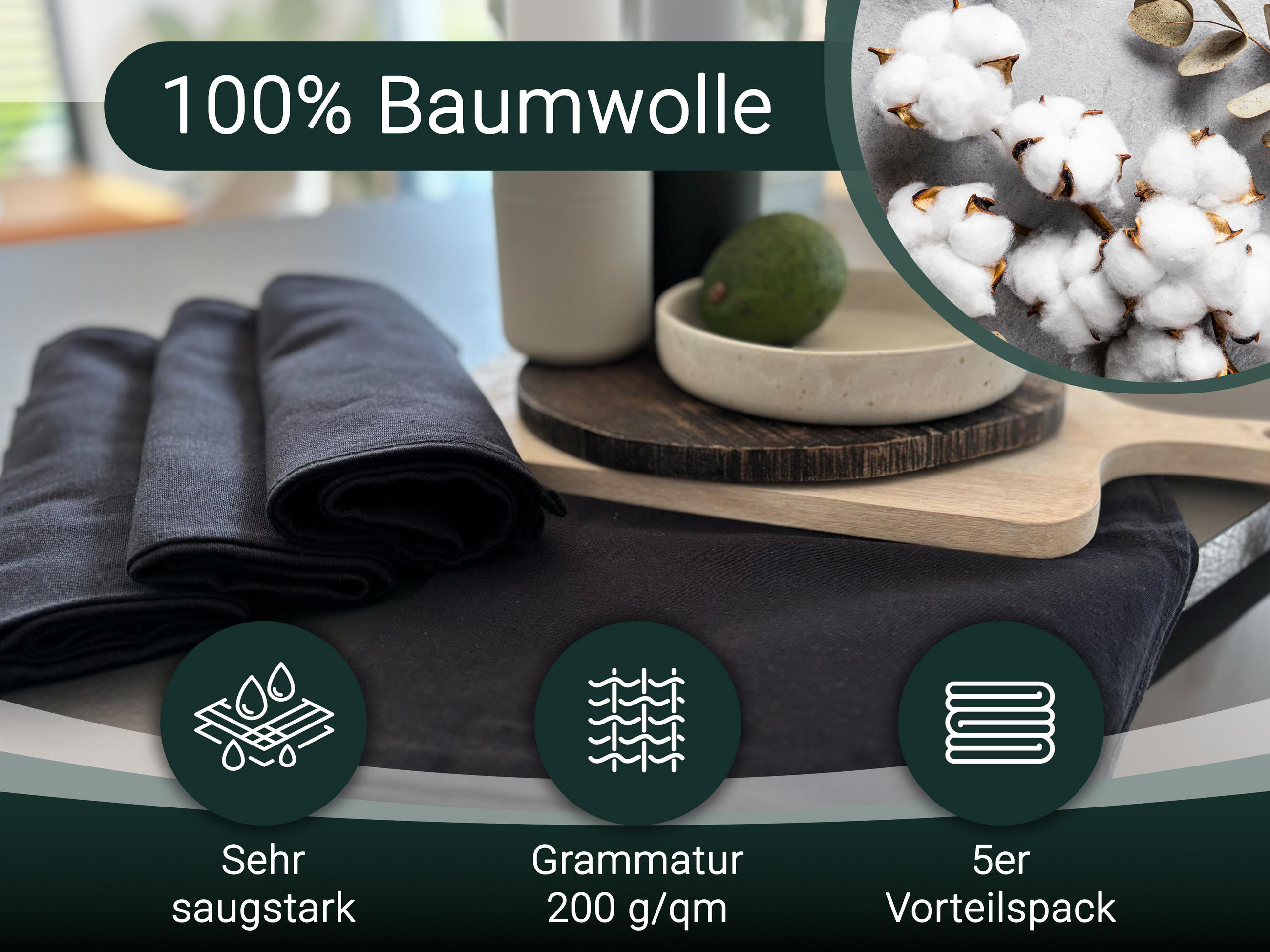 GESCHIRRTÜCHER, 5er-Set, 100% Baumwolle - Schwarz, Textil (50/70cm) - Zollner