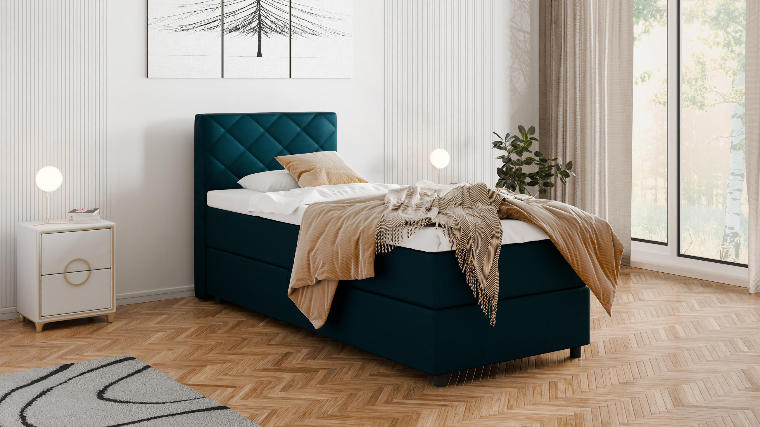 BOXBETT Diamaro 90x200 cm mit Bettkasten und Topper - Dunkeltürkis - Türkis, Holz (96/215cm) - Panda Möbel