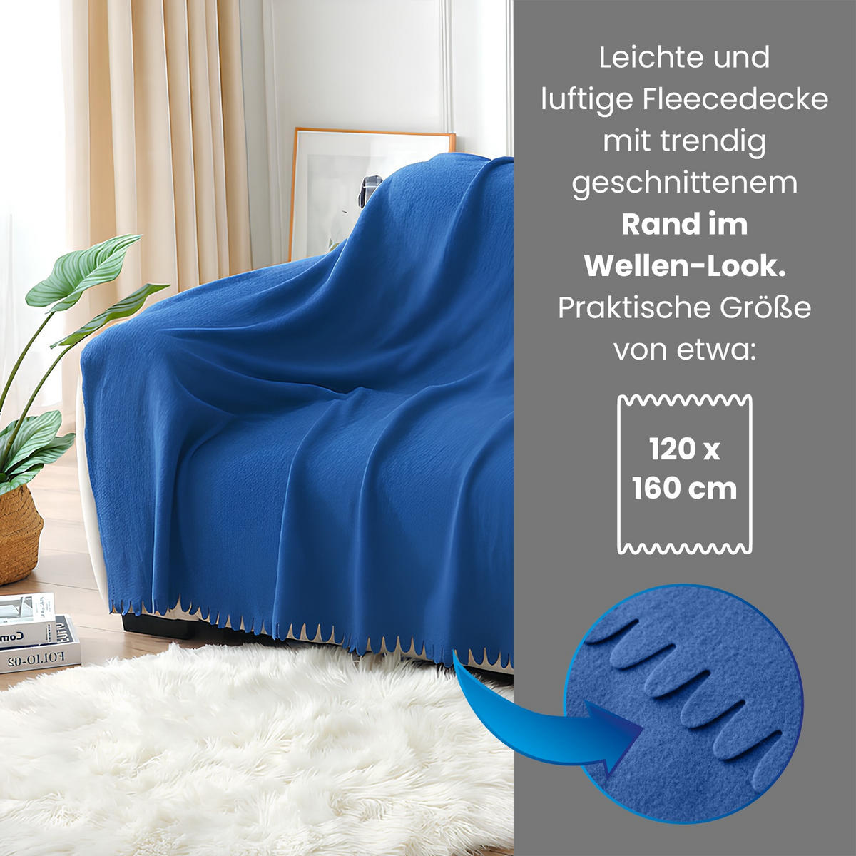 FLEECEDECKE WAVE 16er Set blau 120/160 cm Wellenrand Anti-Pilling - Blau, Textil (120/160cm) - wometo