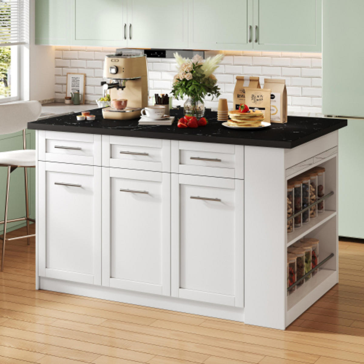 KÜCHENINSEL Weiß aus MDF mit integriertem ausziehbarem Esstisch 150 × 90 × 90 cm - Weiß, Holzwerkstoff (150/90/90cm) - Luhomfu