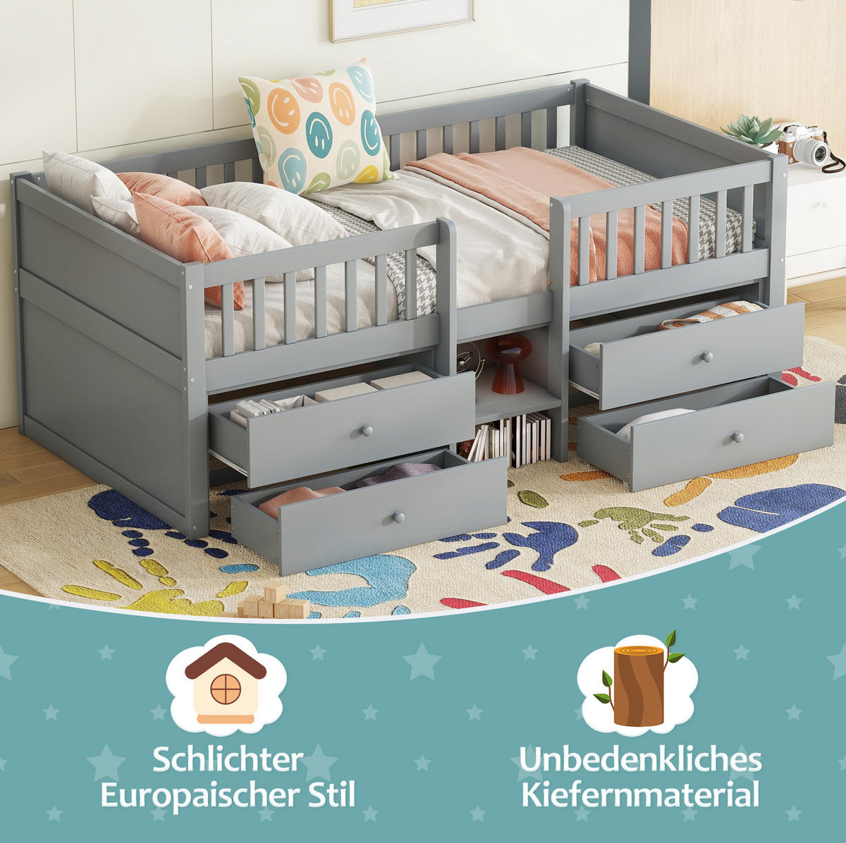 HOCHBETT 90/200 cm halbhoch in Grau mit 4 Schubladen und Leiter - Grau, Holz (90/200cm) - Flora Grace