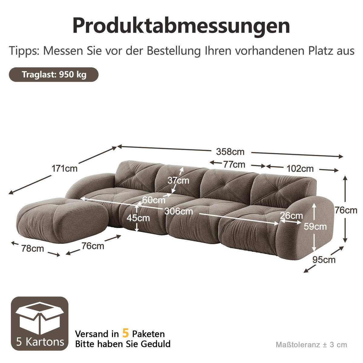 ECKSOFA 358/171/76 cm Taupe Chenille mit 1 Fußhocker, rutschfeste Unterseite - Taupe, Textil (358/171cm) - Oxeza