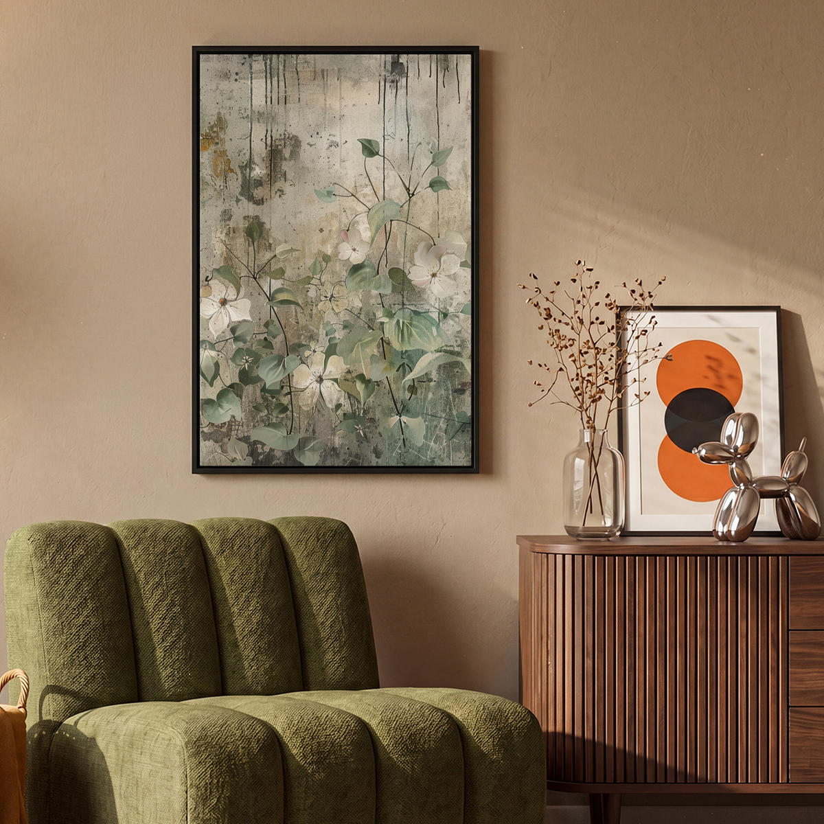 LEINWAND Bilder mit Rahmen - Blumen - Blätter - Abstrakt - Modern - 60x90 - Grau, Textil (60/90cm) - MuchoWow
