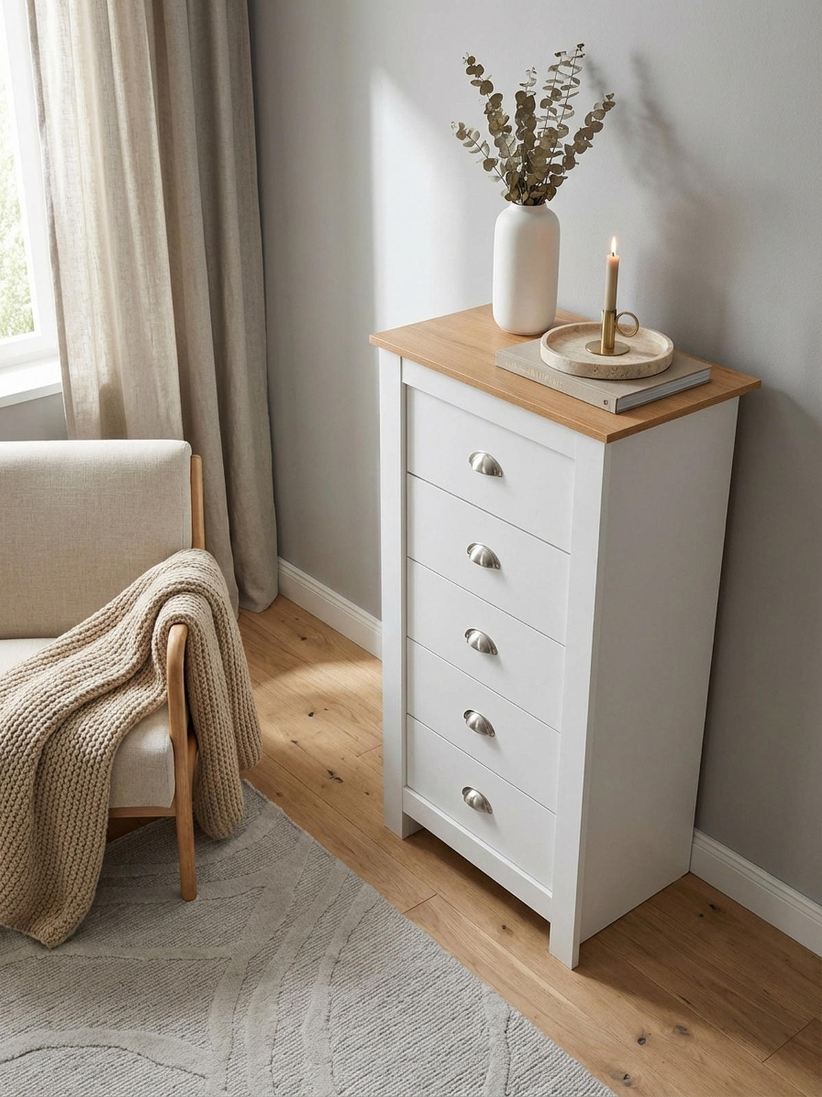KOMMODE – Eiche/Weiß, 5 Schubladen, melaminbeschichtet - Weiß, Holz/Metall (53/114/39cm) - KADIMA DESIGN