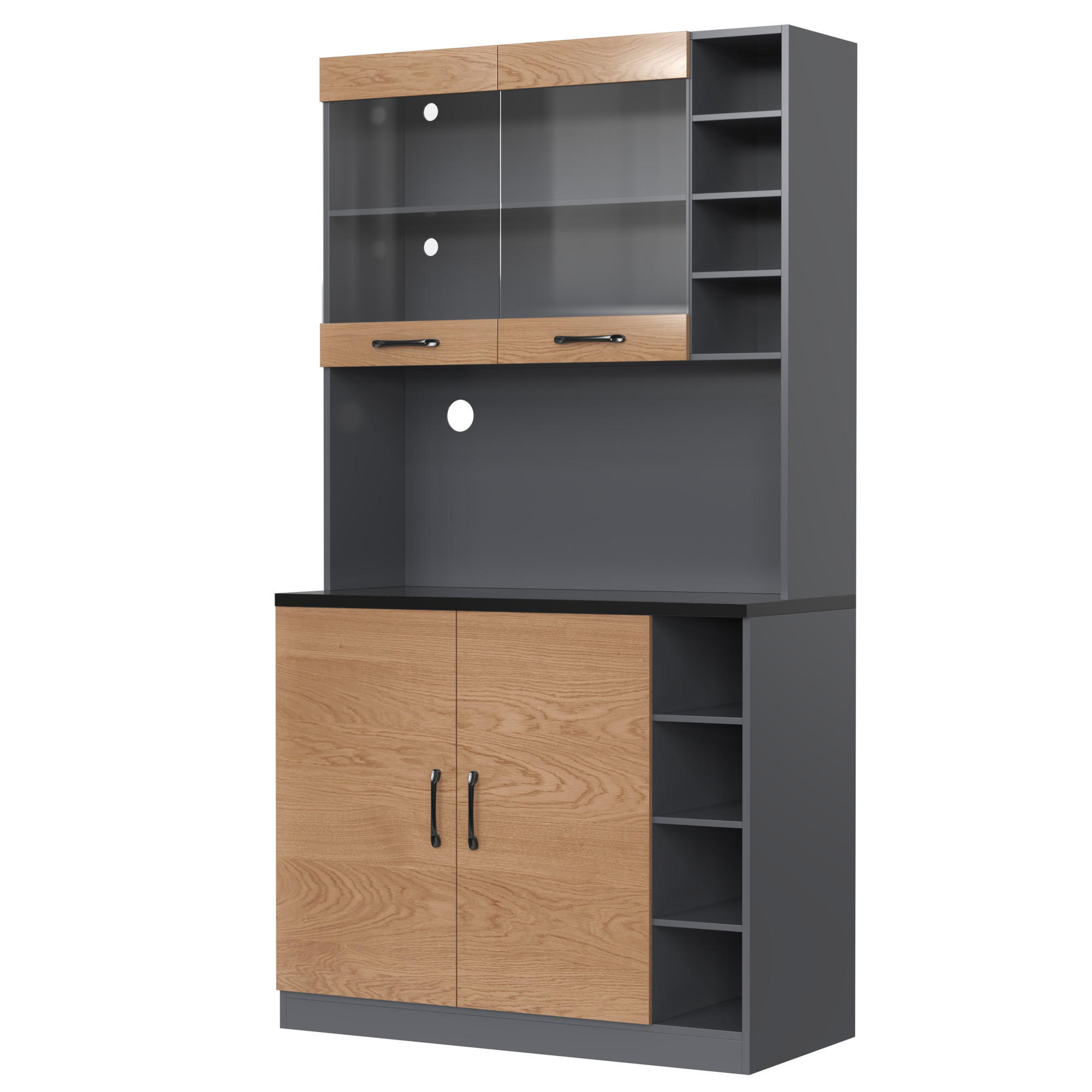 KÜCHENBUFFET mit 2 Türen, LED-Beleuchtung und Glaselementen, 100 x 47 x 187 cm, Natur/Grau, Acryl, MDF - Naturfarben, Holzwerkstoff (100/187/47cm) - SONNENH