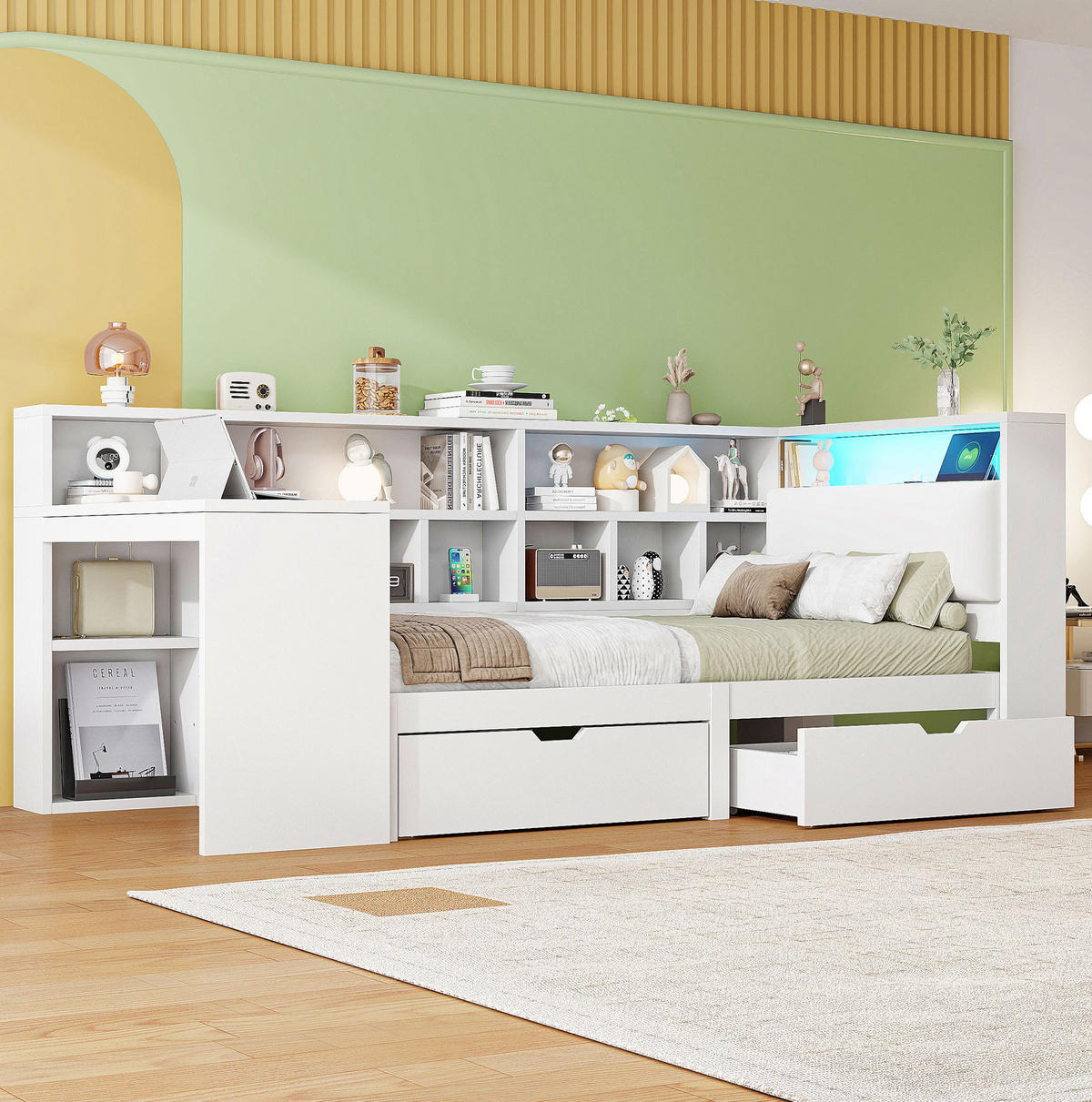 TAGESBETT 90/200 cm mit Schreibtisch, Bücherregal, LED-Beleuchtung und Stauraum, Weiß - Weiß, Holzwerkstoff (90/200cm) - Redom