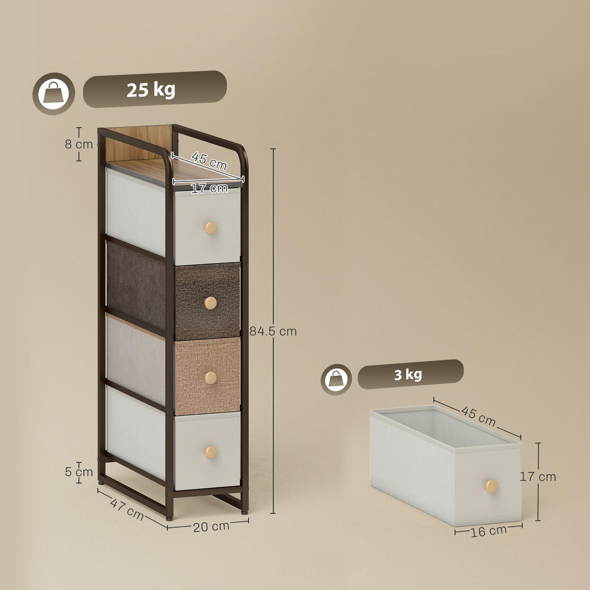 KOMMODE Schrank mit 4 Schubladen aus Vliesstoff Stahlrahmen Schubladenschrank - Multicolor/Braun, Holz/Textil (47/84.5/20cm) - HOMCOM