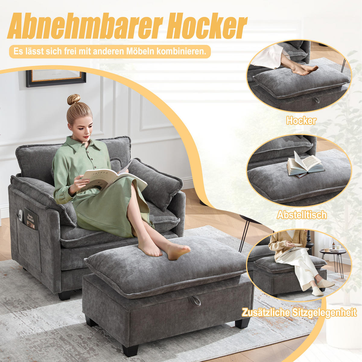 SOFASESSEL mit Hocker und Stauraum in Samt, 103 / 85 / 91 cm - Grau, Textil (85/91/103cm) - PARAFTA HOME