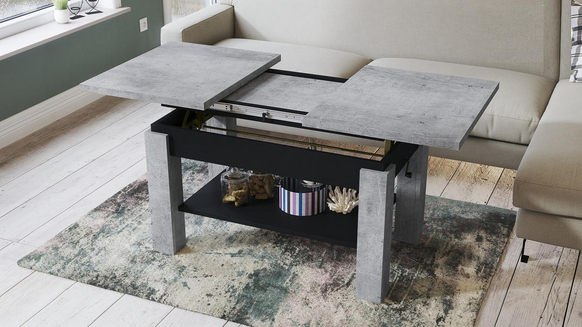 COUCHTISCH rechteckig Beton - Schwarz ausziehbar höhenverstellbar - Hellgrau/Schwarz, Holzwerkstoff (68/110/59cm) - designimpex