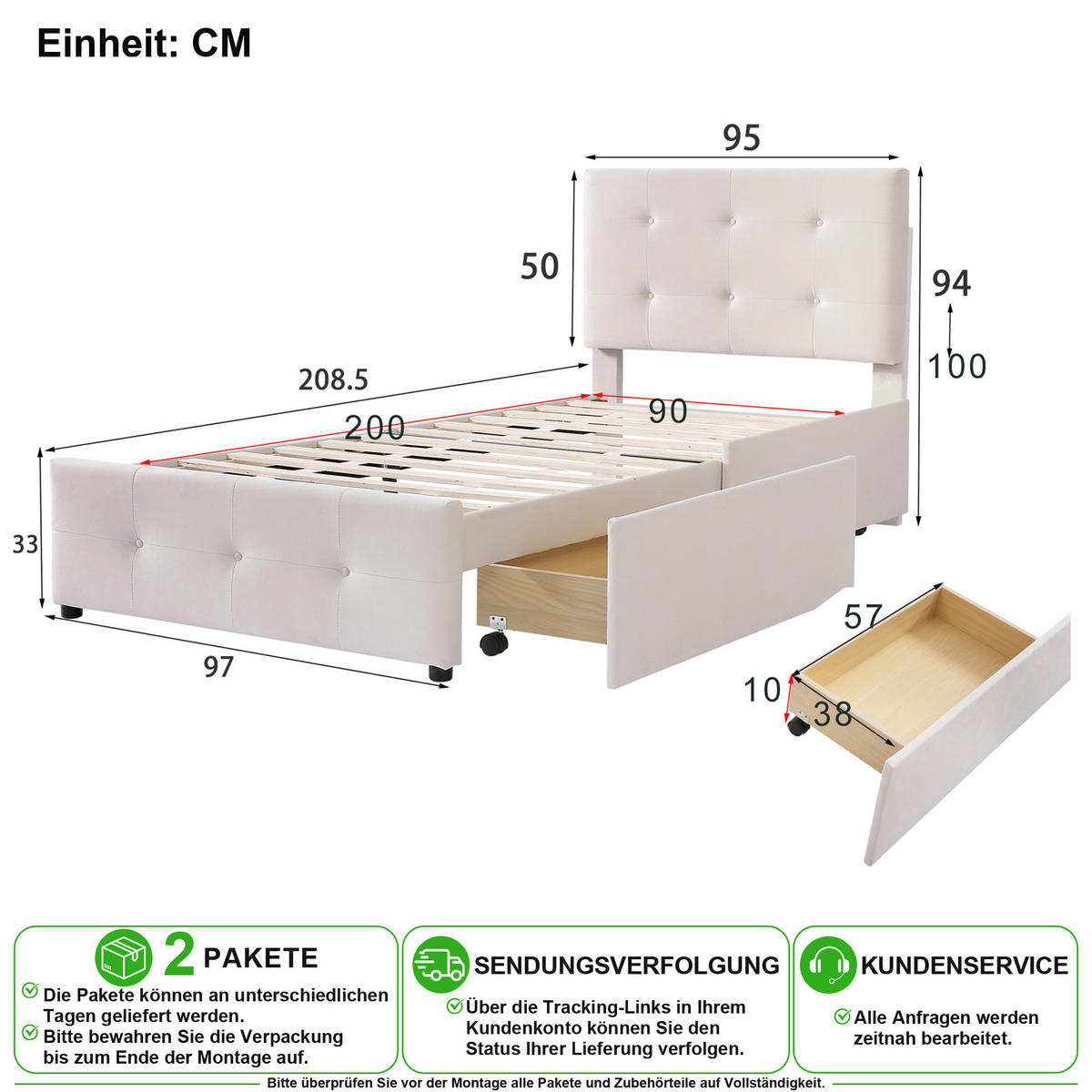 POLSTERBETT 90/200 cm in Beige mit Schublade und Lattenrost Samt - Beige, Holzwerkstoff/Textil (90/200cm) - CHICFURN
