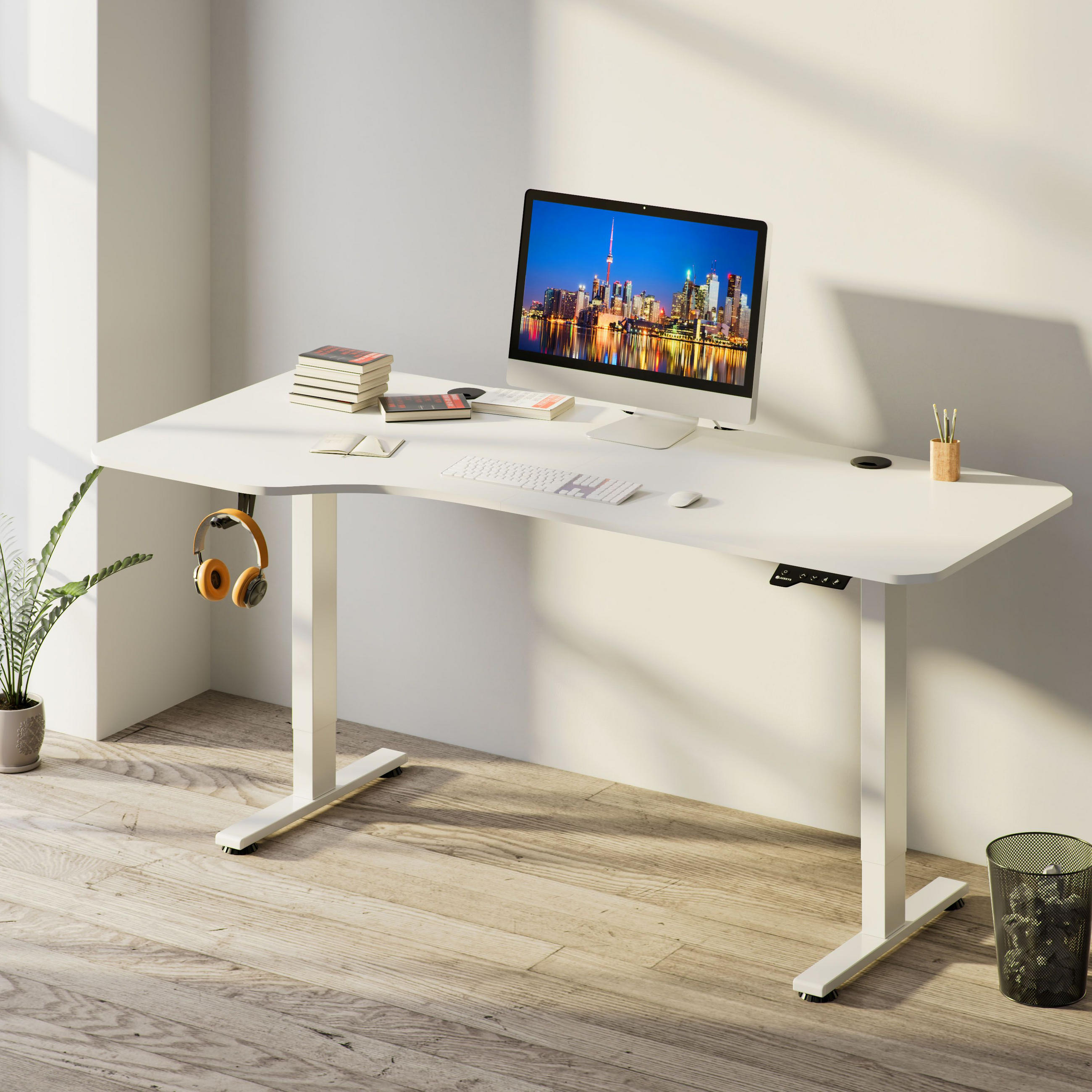SCHREIBTISCH Office Stand weiß 160x75 cm höhenverstellbar - Weiß, Holz (60/160/117cm) - Juskys