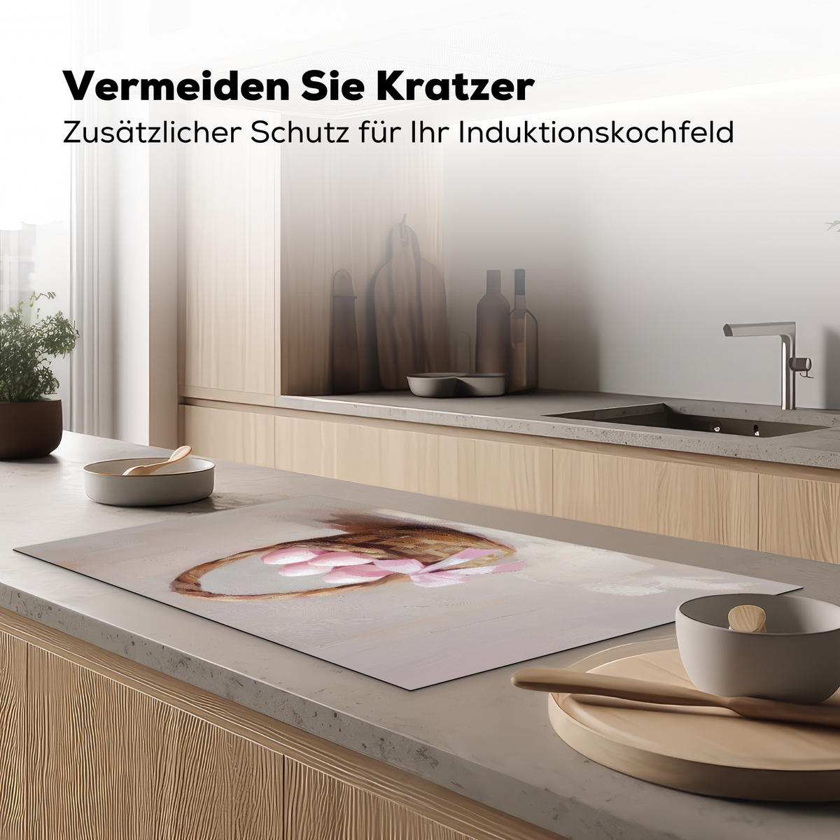 HERDABDECKPLATTE Korb - Eier - Rosa Induktionsschutz 91.2x52 cm - Beige, Kunststoff (91.2/52/0.2cm) - MuchoWow