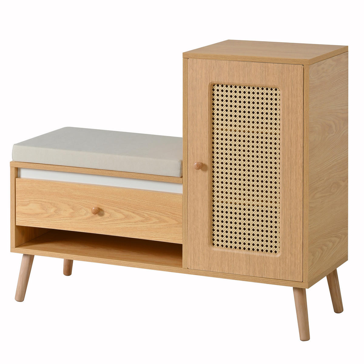 SCHUHBANK 95,5/35/80,5 cm mit Sitzkissen, Schubladen und Rattan-Optik - Eichefarben, Holzwerkstoff (95.5/80.5/35cm) - BEAOK