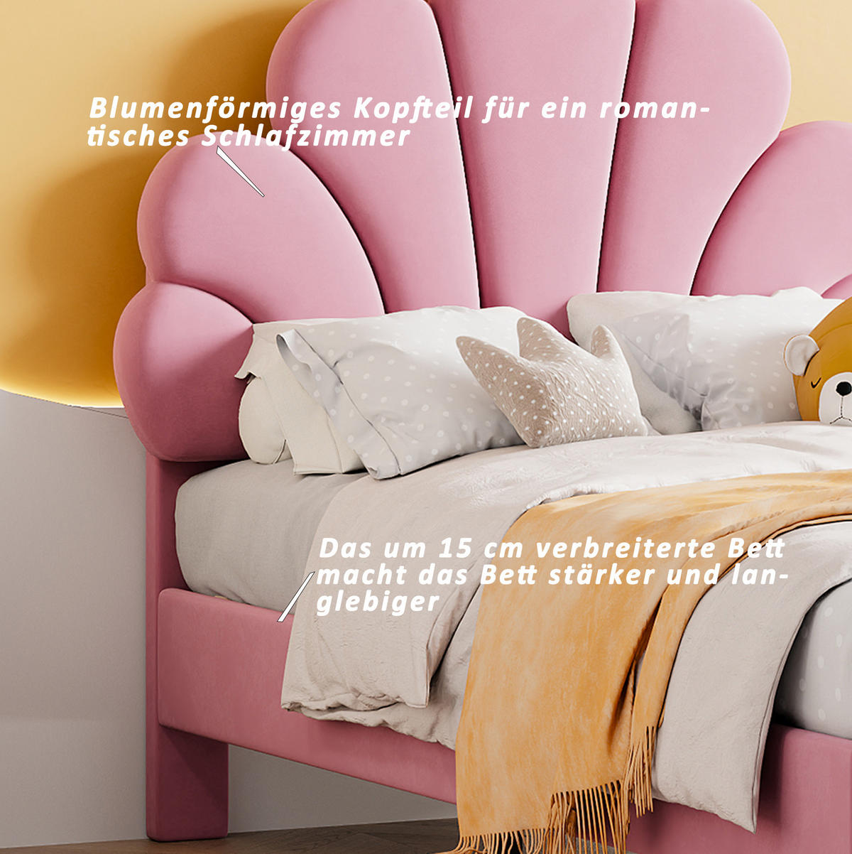 POLSTERBETT 90/200 cm aus Samt mit Kopfteil in Blumenform und Lattenrost Beige - Beige, Textil (90/200cm) - Modenvie
