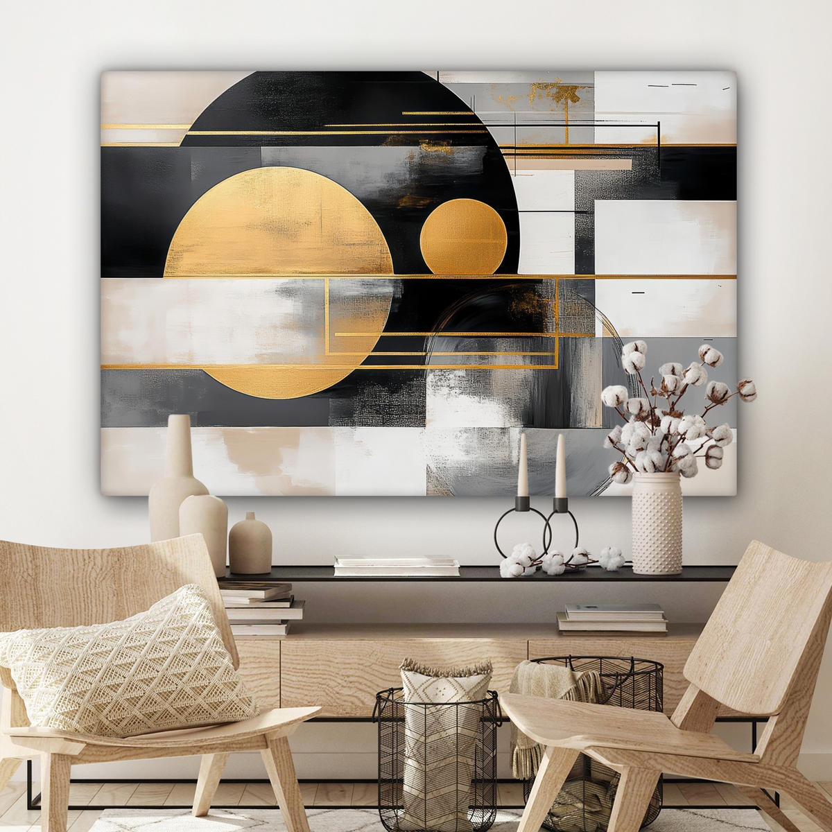 LEINWANDBILD Abstrakt - Gold - Silber - Formen - Ästhetisch - Modern XXL 150x100 cm - Goldfarben, Textil (150/100cm) - MuchoWow