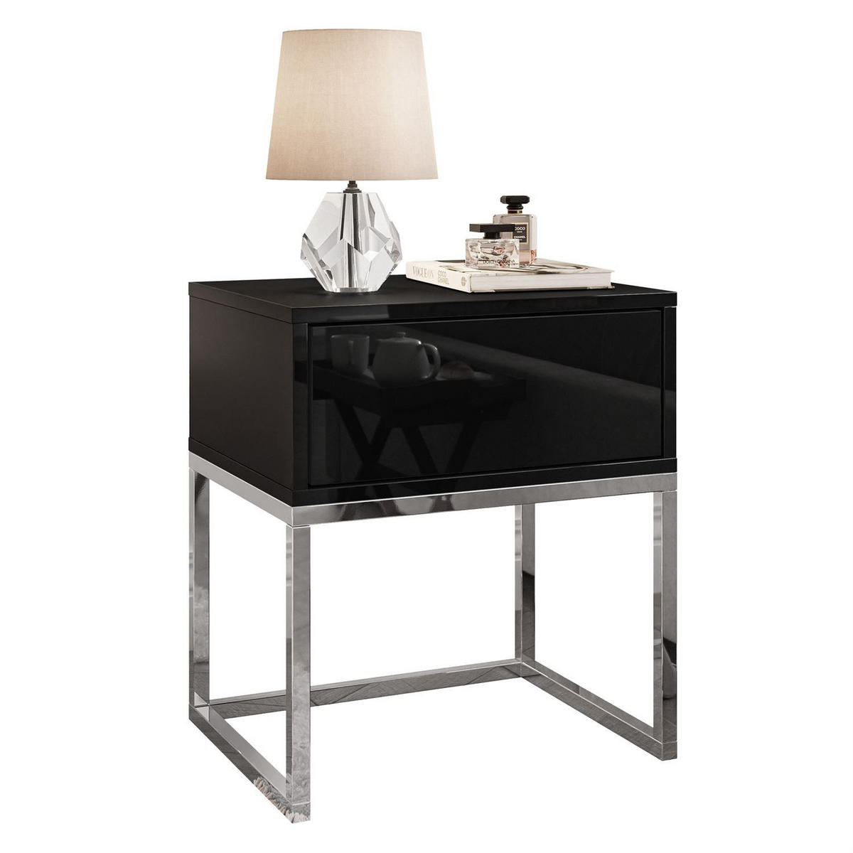 NACHTTISCH BLANCO GLAMOUR Schwarz Hochglanz auf verchromtem Gestell PUSH OPEN - Schwarz Hochglanz, Holzwerkstoff (45/53/36.6cm) - Lookway