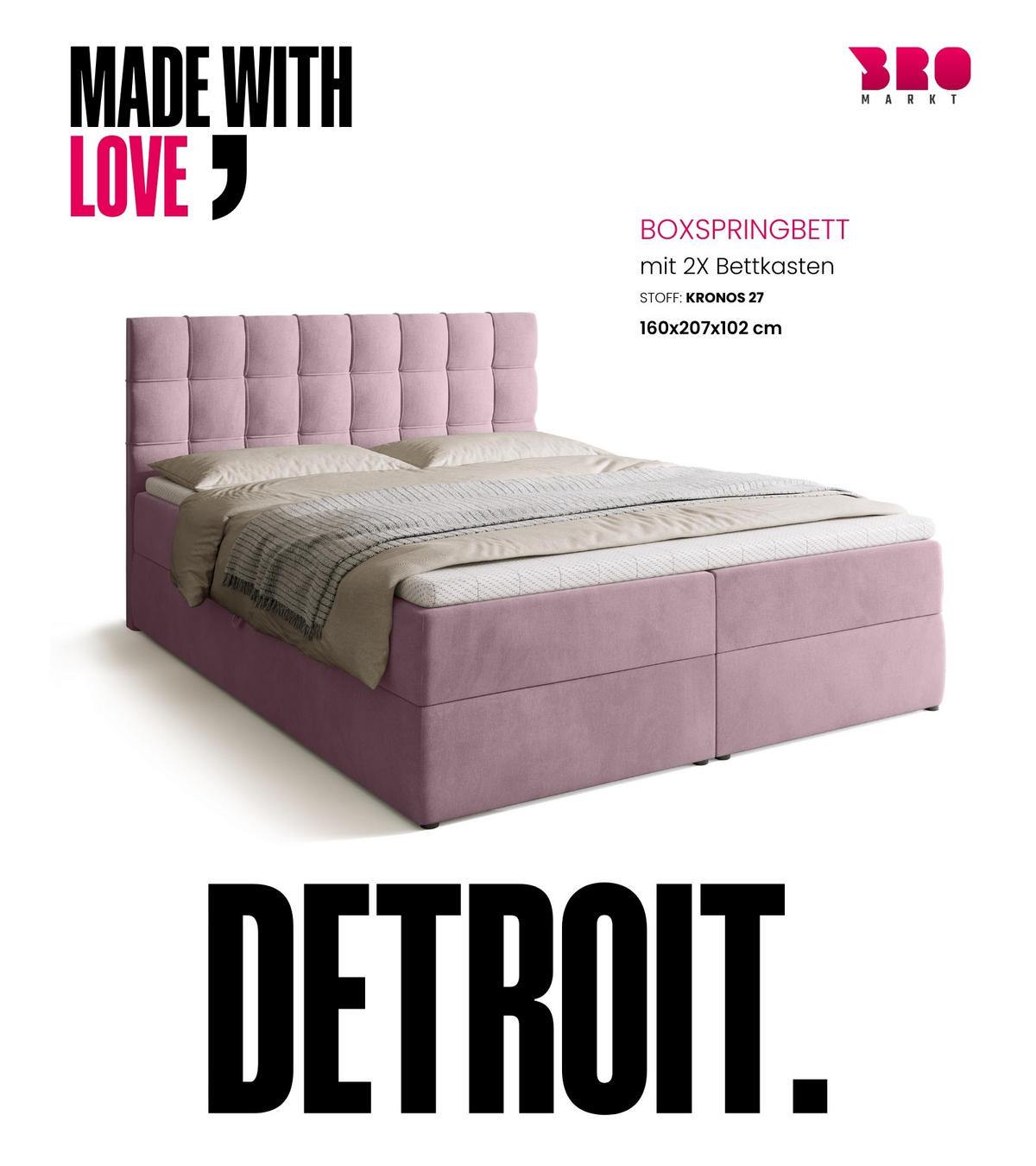 BOXBETT Detroit mit Topper 160/200 Rosa - Rosa, Holzwerkstoff/Textil (160/200cm) - Bromarkt