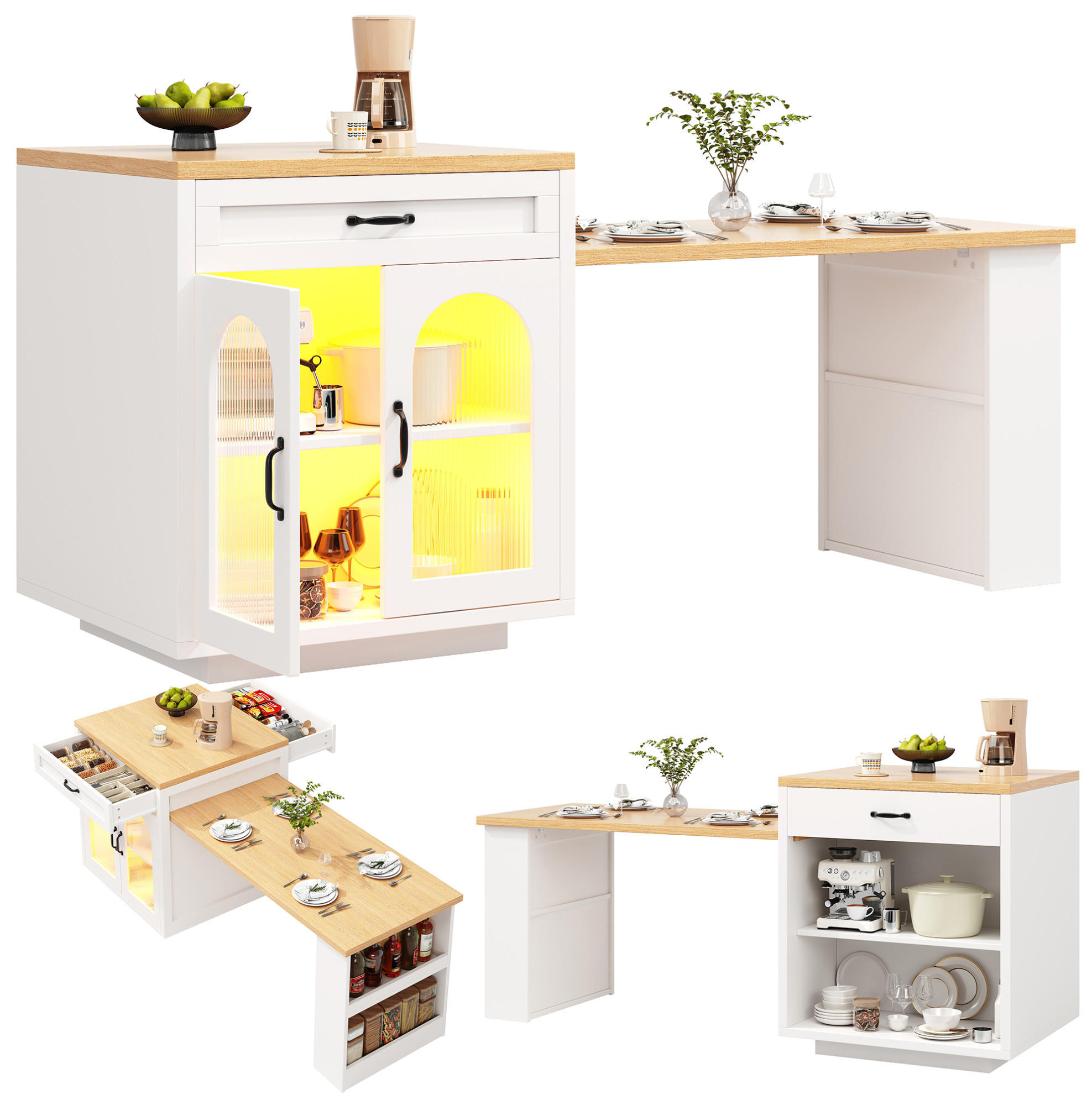 BUFFET aus MDF 126-196x59x94 cm Weiß mit RGB-LED, ausziehbarer Tischplatte und geriffelten Glastüren - Weiß, Holzwerkstoff (196/94/59cm) - Modfu